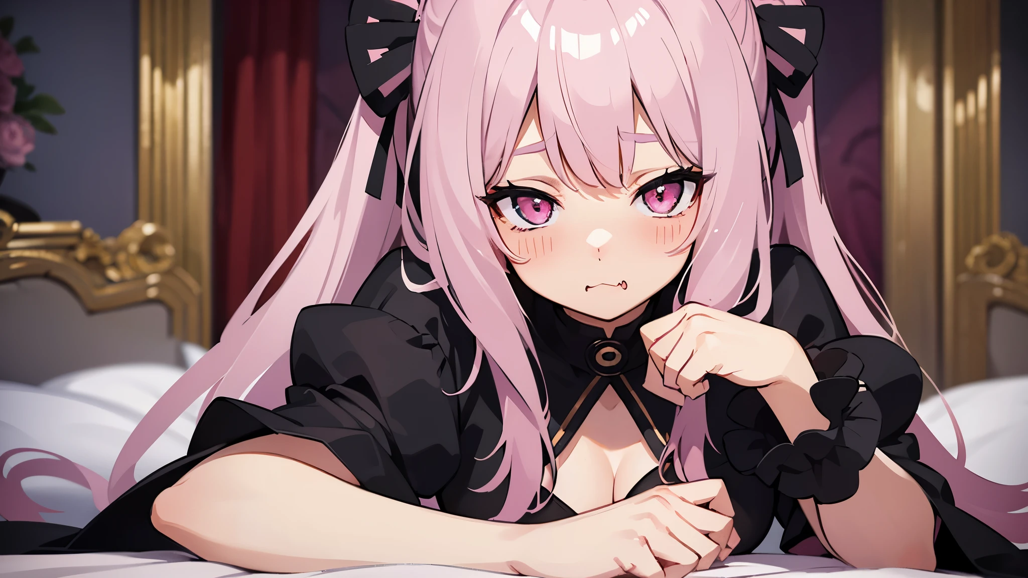 one girl, very beautiful face, beautiful eyes, detailed eyes, detailed face, detailed hair, masterpiece, anime girl, pink eyes, silver hair, , kawaii, two pony tails, very young, big , pixiv, illustration, very high quality, masterpiece, vampire teeth, fangs, pink cheeks, looks at you, pout, wearing sexy dress, sexy pose, in bed, night time, cute room, seductive, super blush, kawaii, hot, sexy