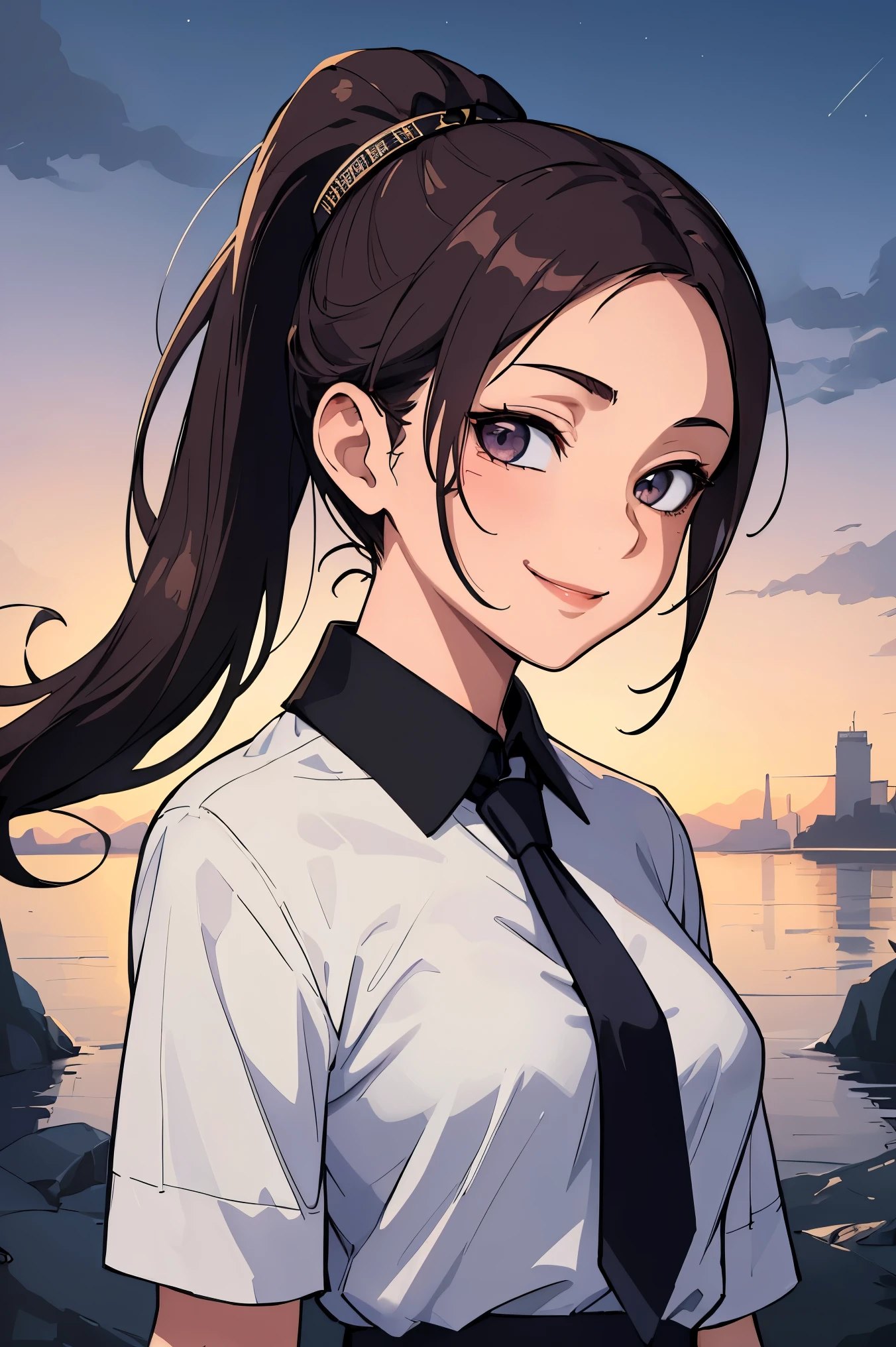 (masterpiece, best quality:1.2), upper body, solo, 1girl, meimeipast, smile, looking at viewer, ponytail, black shirt, white necktie, night, star \(sky\)