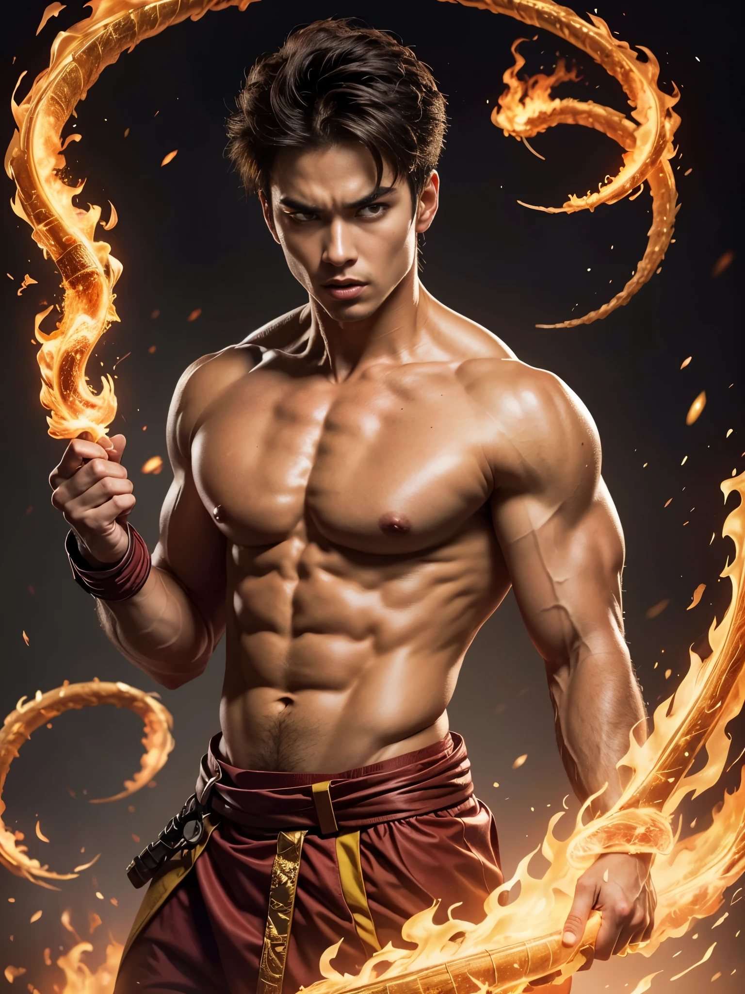 Photorealistic, masculine handsome male model, masculine Asian mix guy, mixed race, (angry:1.3), (young, 16 years old:1.5), ((best quality)), ((masterpiece)), (detailed), (barechested:1.4). Portrait of young Prince Zuko from "Avatar: The Last Airbender". portrait him with a strong square jawline, gaunt cheeks, and skinny face, shirtless, stark white scar that snakes across his right eye, (yellow pupil eyes:1.4), (messy dark hair), he is a pyromancer, fire bender.
