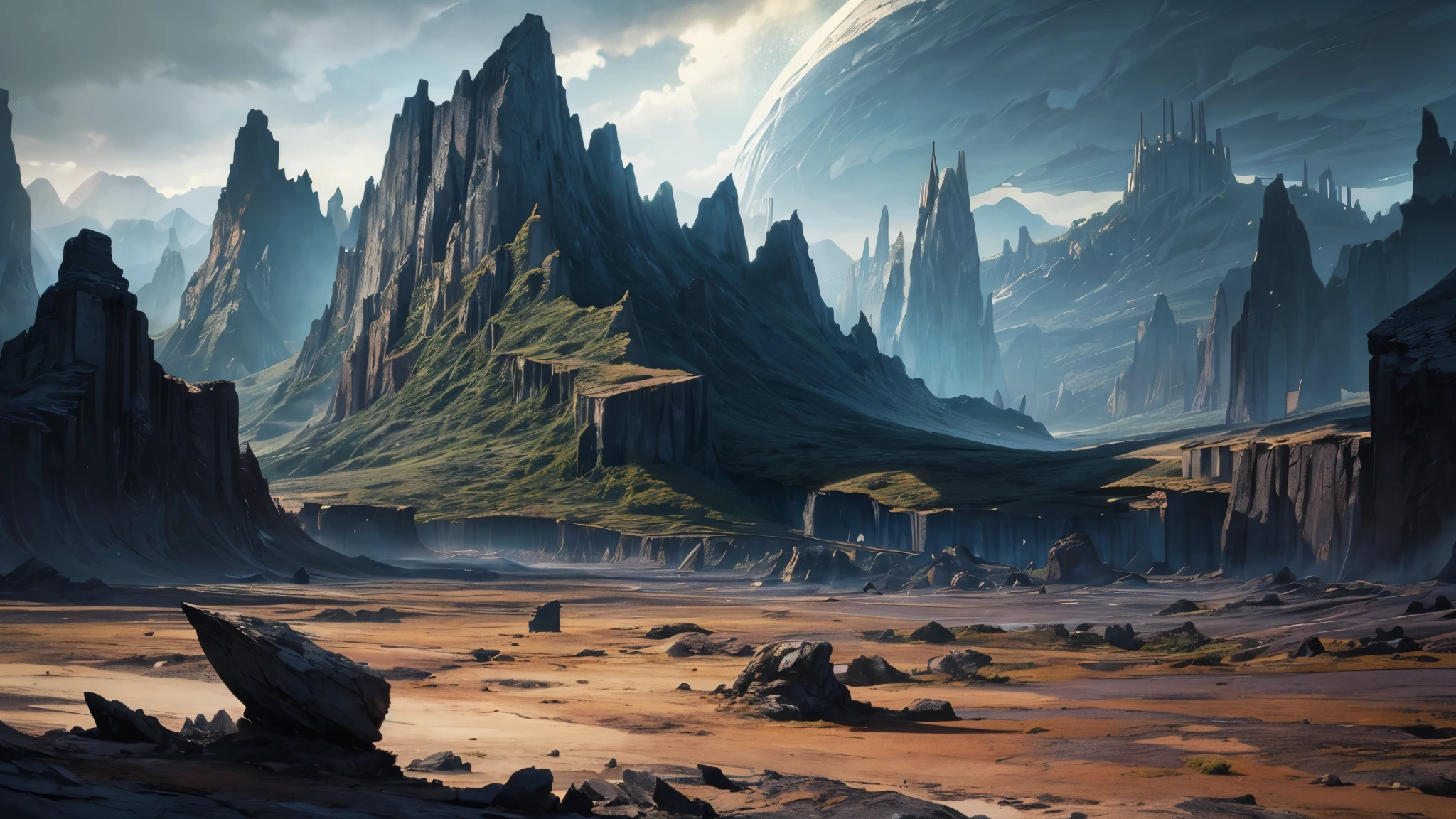 cosmic horror scene on an uninhabited planet unlike anything ever seen, vast vegetation and complex that resembles tentacles, rocks everywhere (large and small), dark gray sky, heavy clouds, mountains in the distance.