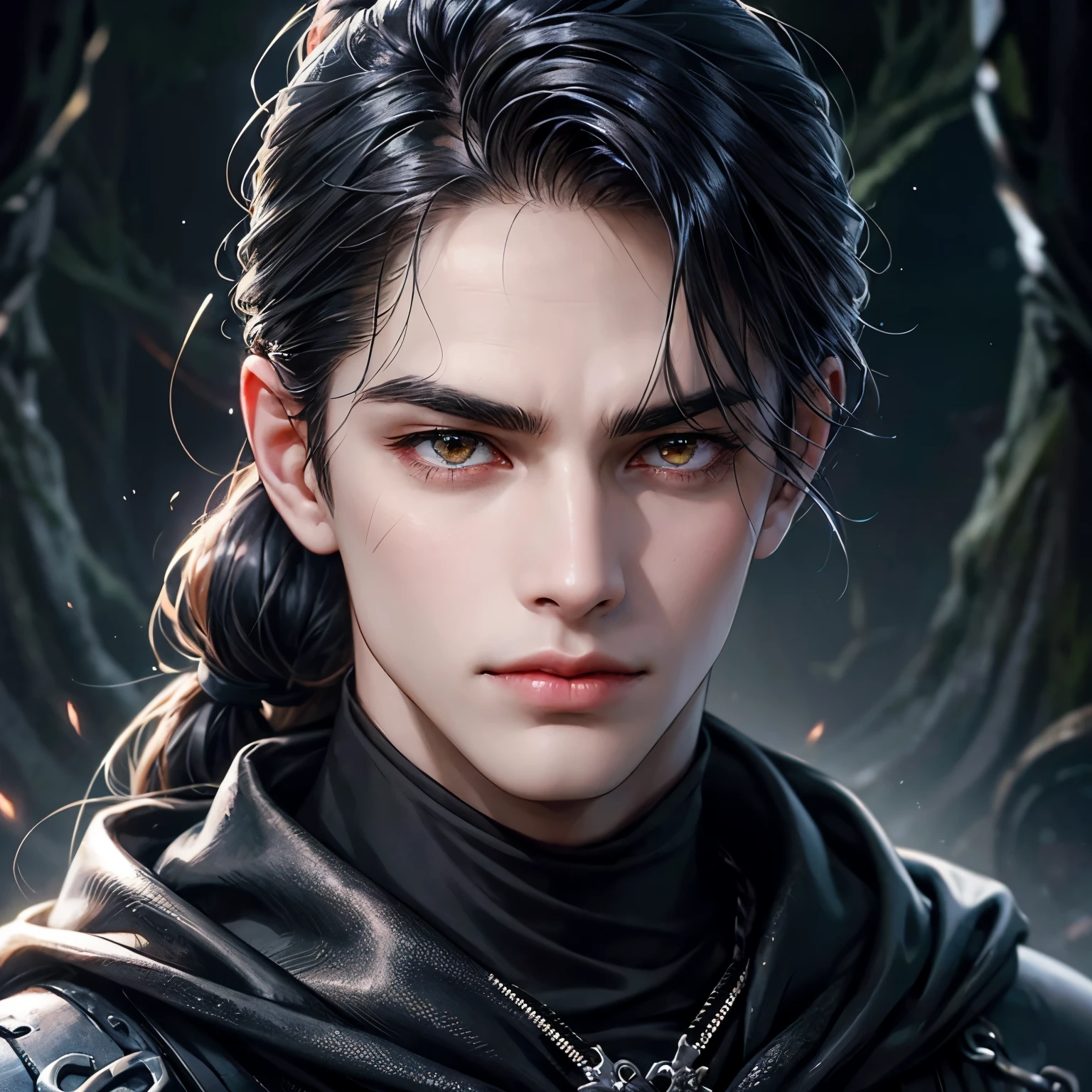 Create a face card portrait for a character description, an young teenage male character with long dark hair tied into a ponytail, some strands on his face, glowing yellow eyes, a scar on his left eye, wearing a black scarf, wearing an all black sleek fantasy medieval leather gear, angry, he's very handsome, dark theme, detailed background of a dark evil forest at night, darkness and dark evil shadows, dark blue colors, very close up picture with face, detailed, 4k, only face in the picture, close up shot of face, he's very powerful, controlling black mists, eyes glowing