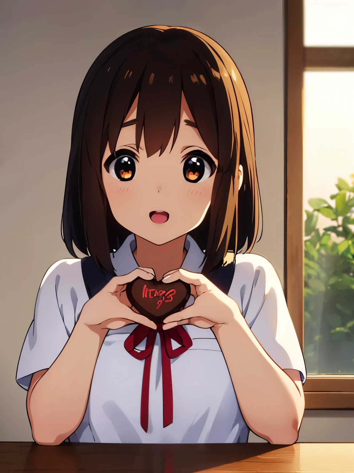 1girl, (((​masterpiece))), top-quality, top-quality, High Details, hirasawa yui, 1girl, Sakuragaoka High School Uniform, student clothes, maid cafe uniform, two-yellow hairpin, short hair, A brown-haired, brown-eyed, solo, reddish, thin blue ribbon, Solid white buttoned shirt under blazer, sitting in a dining chair, full food on the dining table, illustratio, comic strip, soothing tones, Subdued Color, Soft cinematic light, adobe lightroom, photolab, HDR, intricately and hyper-detailed、(((depth of fields))))。(((​masterpiece)))。(((top-quality))).)((ultra-detailliert)))。(((illustratio)))。(((takeout))).dynamic focus.big breasts.(((home))).(((A sitting room))).(((Face of happy))). open mouth.(((hands holding gift valentine chocolate))).(((up chest))).((morning glow)).((the setting sun)).