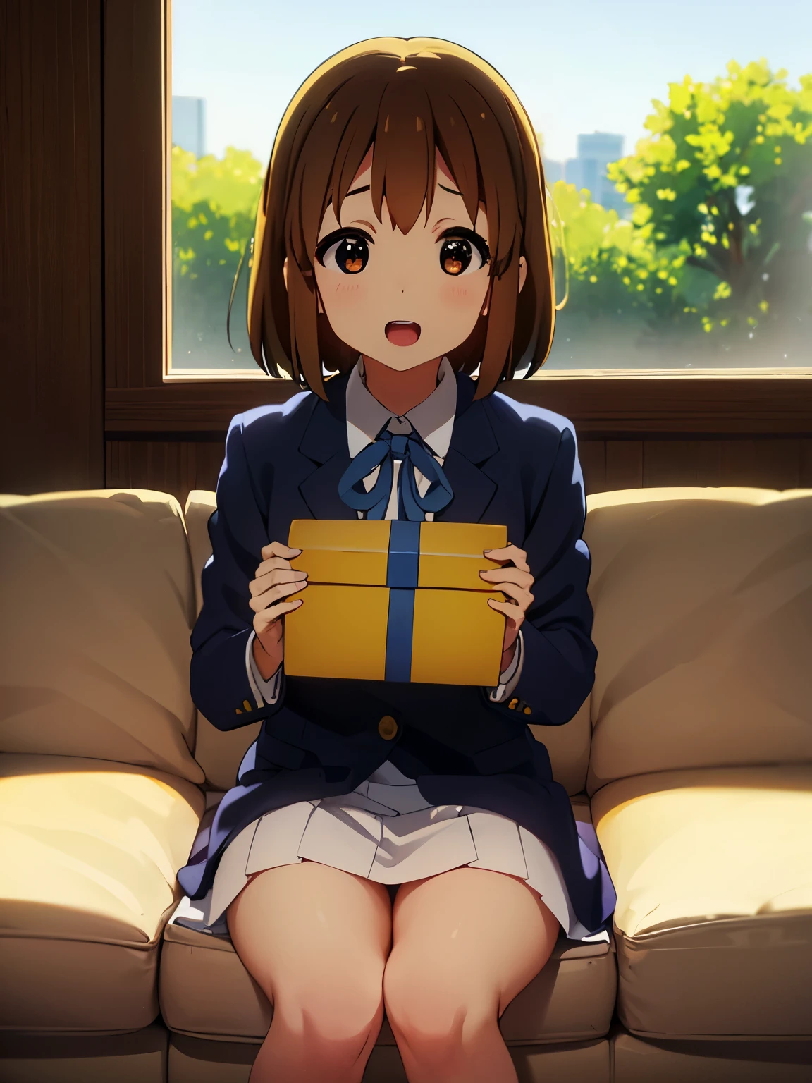 1girl, (((​masterpiece))), top-quality, top-quality, High Details, hirasawa yui, 1girl, Sakuragaoka High School Uniform, student clothes, maid cafe uniform, two-yellow hairpin, short hair, A brown-haired, brown-eyed, solo, reddish, thin blue ribbon, Solid white buttoned shirt under blazer, sitting on the sofa, illustratio, comic strip, soothing tones, Subdued Color, Soft cinematic light, adobe lightroom, photolab, HDR, intricately and hyper-detailed、(((depth of fields))))。(((​masterpiece)))。(((top-quality))).)((ultra-detailliert)))。(((illustratio)))。(((takeout))).dynamic focus.big breasts.(((home))).(((A sitting room))).(((Face of happy))). open mouth.(((hands holding big gift valentine chocolate))).(((up chest))).((morning glow)).((the setting sun)).