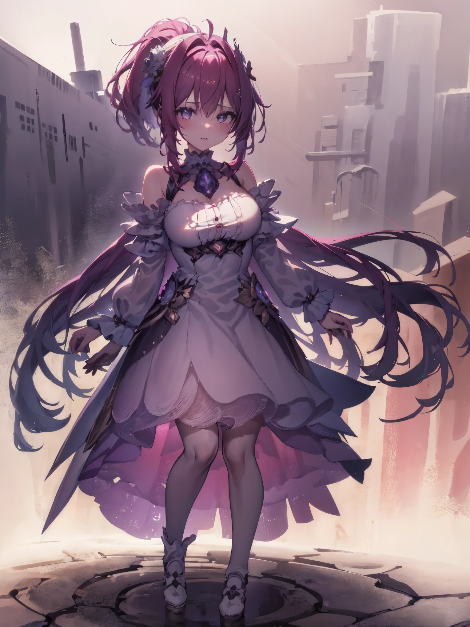 Drawing of a girl in a ponytail and dress, cute 3d rendering, cute detailed digital art, mini cute girl, cute digital painting, Stylized 3D rendering, cute digital art, cute rendering 3d anime girl, with a slight curve, cute! c4d, 1 character whole body, standing on a white base