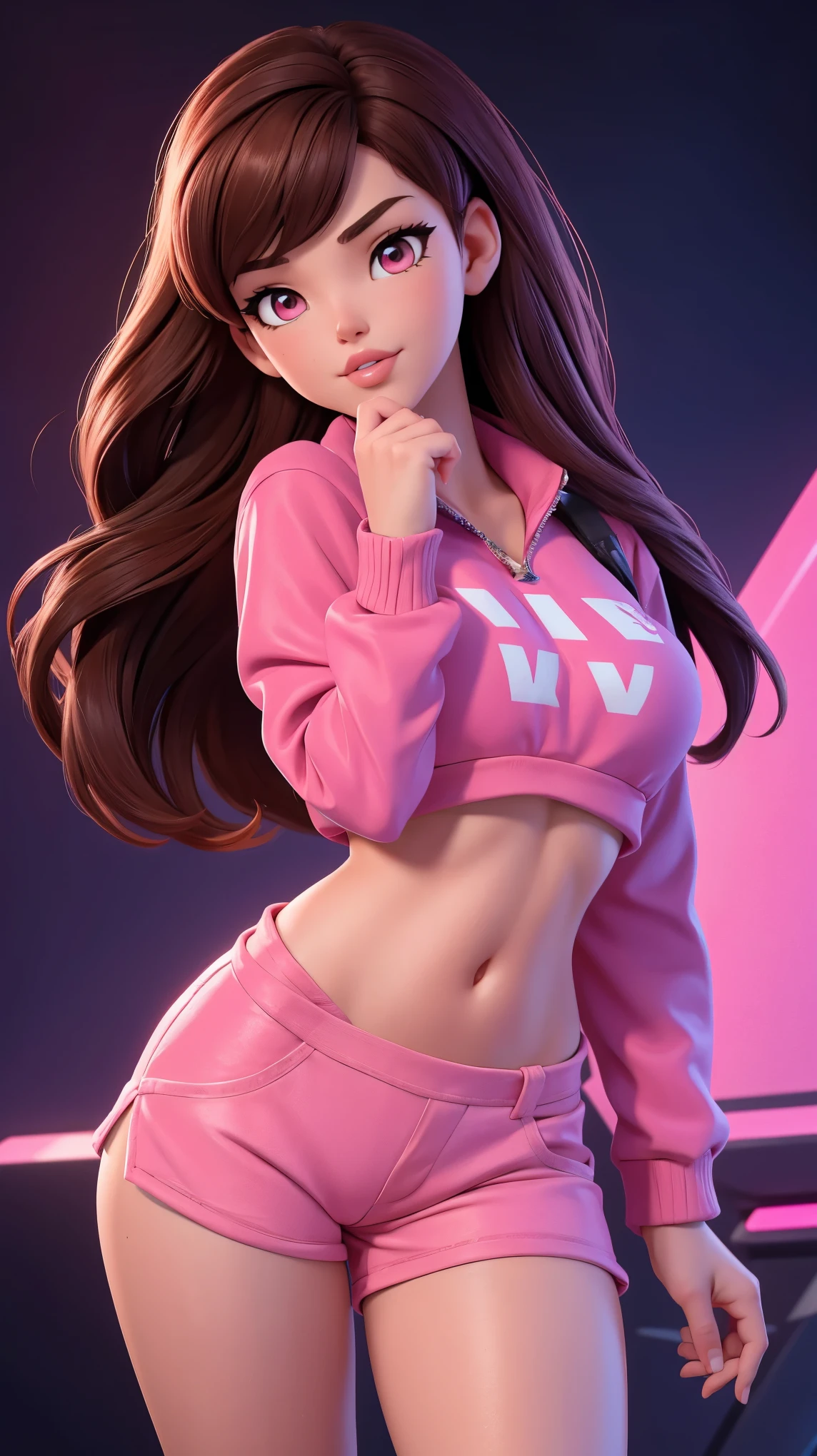 18 year old, brown hair, pink eyes, cute pose, D.Va, very short shorts, crop top