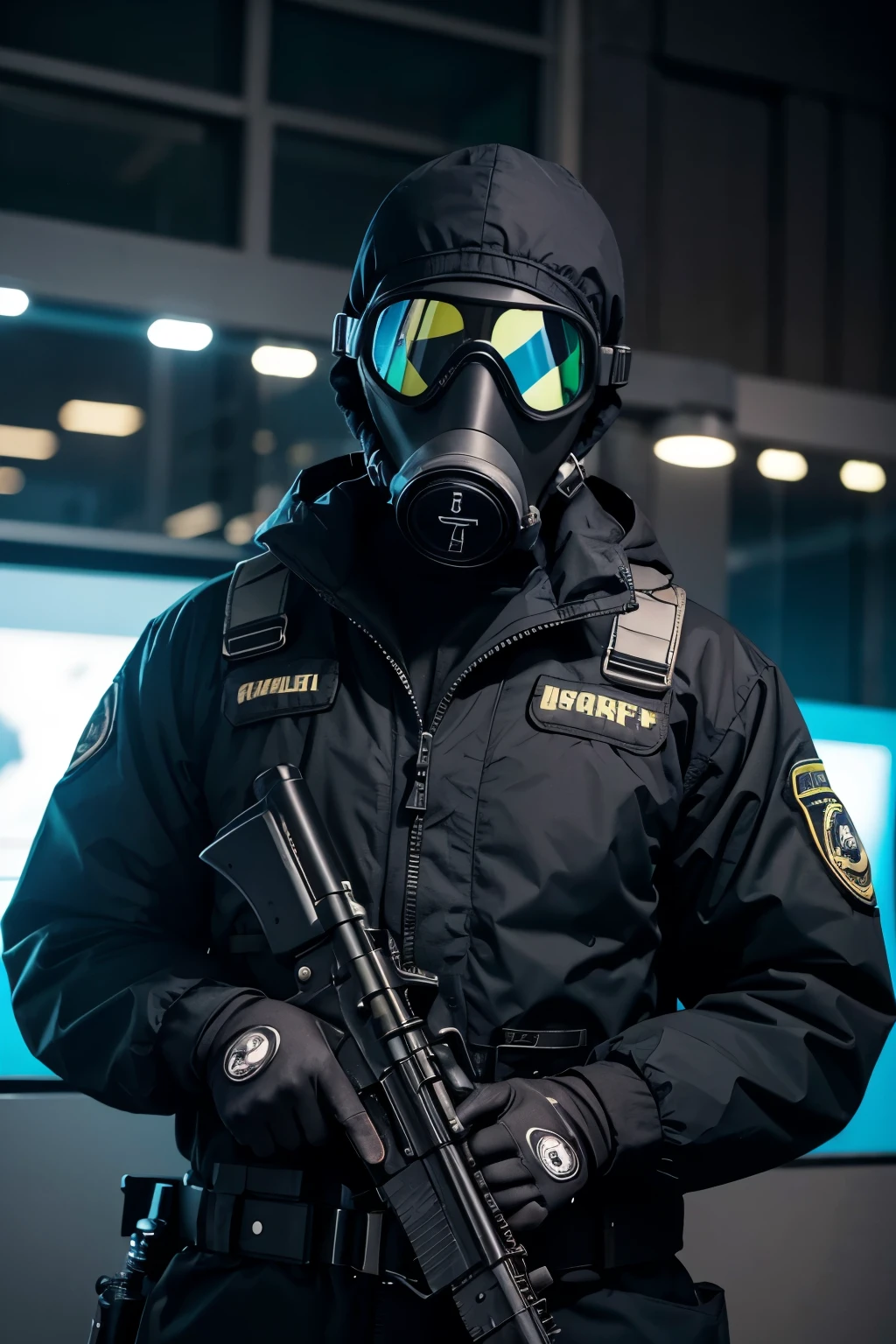 group of images　protective suit　ambulance　gas mask　a lot of people々　future city　Very lined　submachine gun　goggles