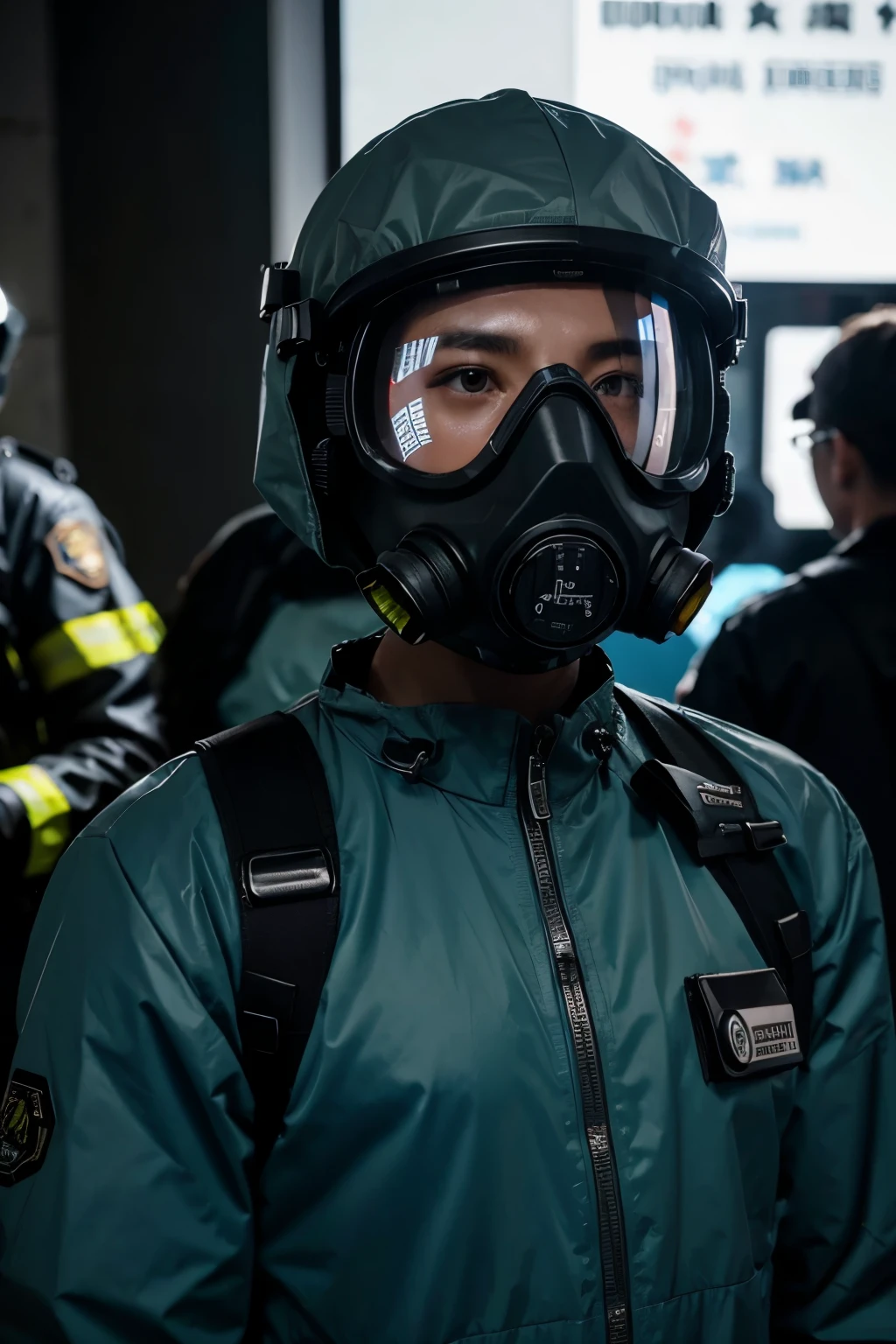 group of images protective suit ambulance gas mask a lot of people々 future city Very lined submachine gun goggles