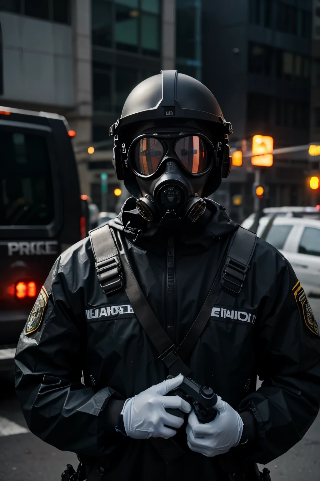 group of images protective suit ambulance gas mask a lot of people々 future city Very lined submachine gun goggles