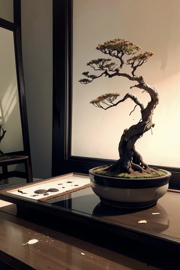 Ink illustration,Ink stains,ink splatter,Ink flow,ink dot,faded ink,dramatic bonsai tree,Plants on black reflective surface,sunrise,detailed,Stunning natural lighting,earthy pastel colors,cry for lost child,Symmetrical fractal pattern,left,