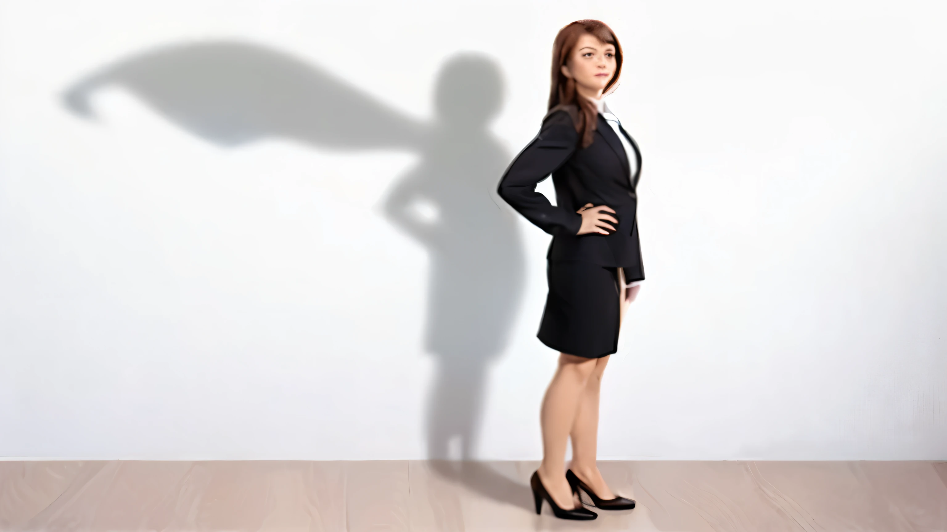 woman in business attire standing in front of a white wall with a shadow of a woman, female image in shadow, strong shadow, powerful shadows, high shadow, slender woman, hero, posing like a superhero, long shadow, in the spotlight, confident heroic pose, standing confidently, super hero pose, superhero, with cape, 3 / 4 view of woman with wings