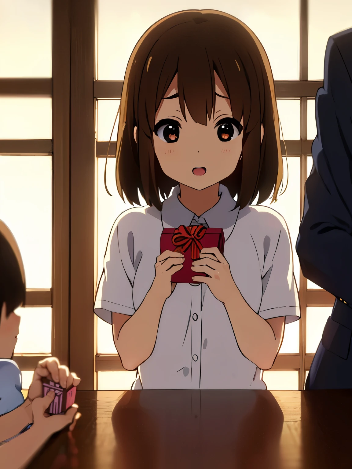 1girl, (((masterpiece))), top-quality, top-quality, High Details, hirasawa yui, 1girl, Sakuragaoka High School Uniform, student clothes, maid cafe uniform, two-yellow hairpin, short hair, A brown-haired, brown-eyed, solo, reddish, thin blue ribbon, Solid white buttoned shirt under blazer, sitting in a dining chair, full food on the dining table, illustratio, comic strip, soothing tones, Subdued Color, Soft cinematic light, adobe lightroom, photolab, HDR, intricately and hyper-detailed、(((depth of fields))))。(((masterpiece)))。(((top-quality))).)((ultra-detailliert)))。(((illustratio)))。(((takeout))).dynamic focus.big breasts.(((home))).(((A sitting room))).(((Face of happy))). open mouth.(((hands holding gift valentine chocolate))).(((up chest))).((morning glow)).((the setting sun)).