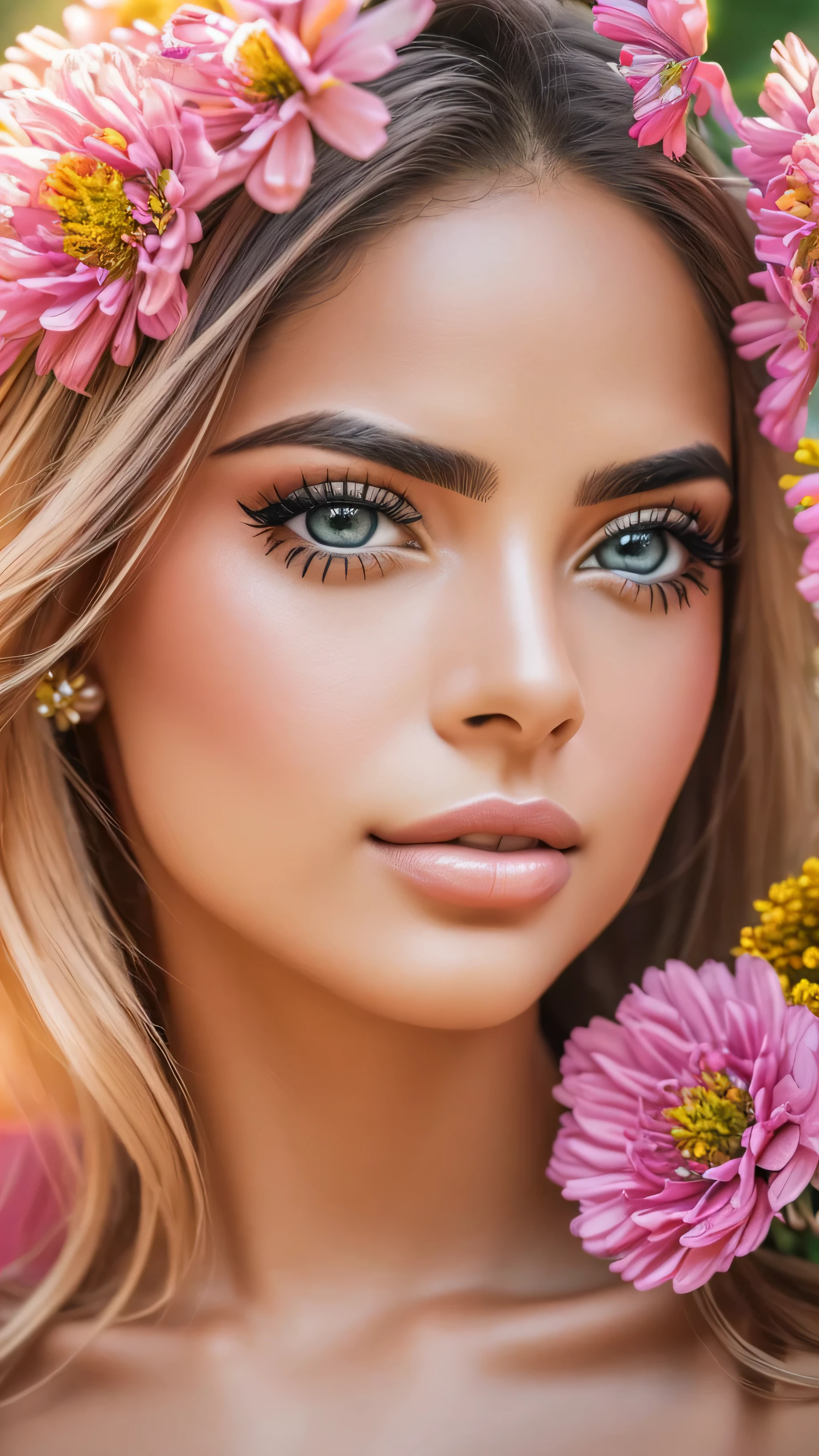 (melhor qualidade, ultra-detalhado, fotorrealista), 1 mulher, 27 anos mostrando vagina, olhos detalhados, Detailed lips, Long eyelashes, Cara bonita, confident expression, flores coloridas ao fundo, soft lighting, oil painting, cores vivas, bokeh