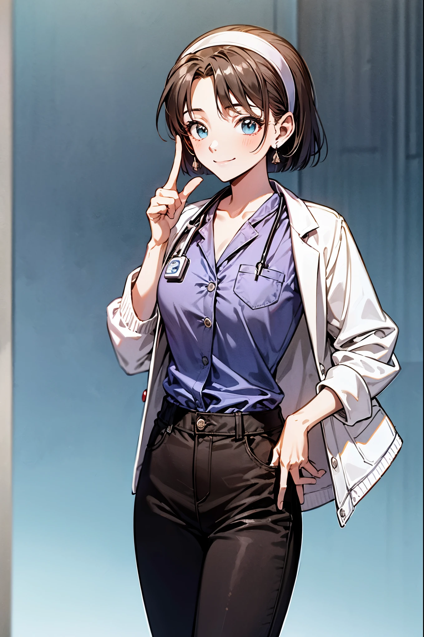 (masterpiece), (very High resolution), (very high quality), (very detailed), (High resolution), 1 girl, Ayumi_Yoshida, blue eyes, hair band, bangs, short hair, brown hair, Depth of the bounds written, cowboy shot, smile, (doctor:1.2), hospital, Under examination, (white jacket:1.2), Reach into your jacket pocket, black pants,