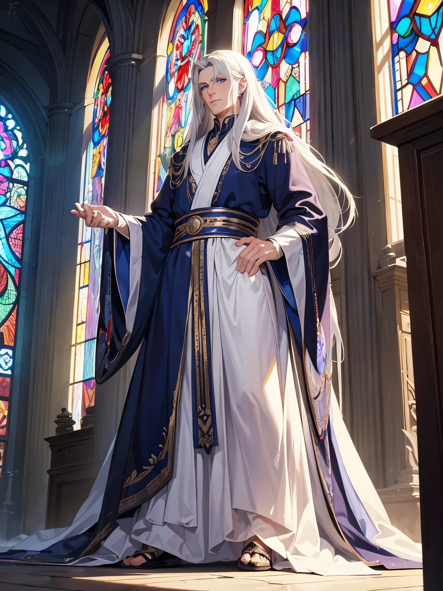 (masterpiece, best quality), best resolution, man in early 50s, fantasy emperor, long white hair, blue eyes, long scar across left eye, gentle attitude, imperial robe, stain glass window in background