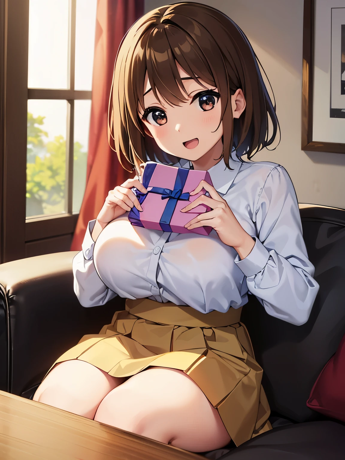 1girl, (((masterpiece))), top-quality, top-quality, High Details, hirasawa yui, 1girl, Sakuragaoka High School Uniform, student clothes, maid cafe uniform, two-yellow hairpin, short hair, A brown-haired, brown-eyed, solo, reddish, thin blue ribbon, Solid white buttoned shirt under blazer, sitting on the sofa, illustratio, comic strip, soothing tones, Subdued Color, Soft cinematic light, adobe lightroom, photolab, HDR, intricately and hyper-detailed、(((depth of fields))))。(((masterpiece)))。(((top-quality))).)((ultra-detailliert)))。(((illustratio)))。(((takeout))).dynamic focus.big breasts.(((home))).(((A sitting room))).(((Face of happy))). open mouth.(((hands holding big gift valentine chocolate))).(((up chest))).((morning glow)).((the setting sun)).