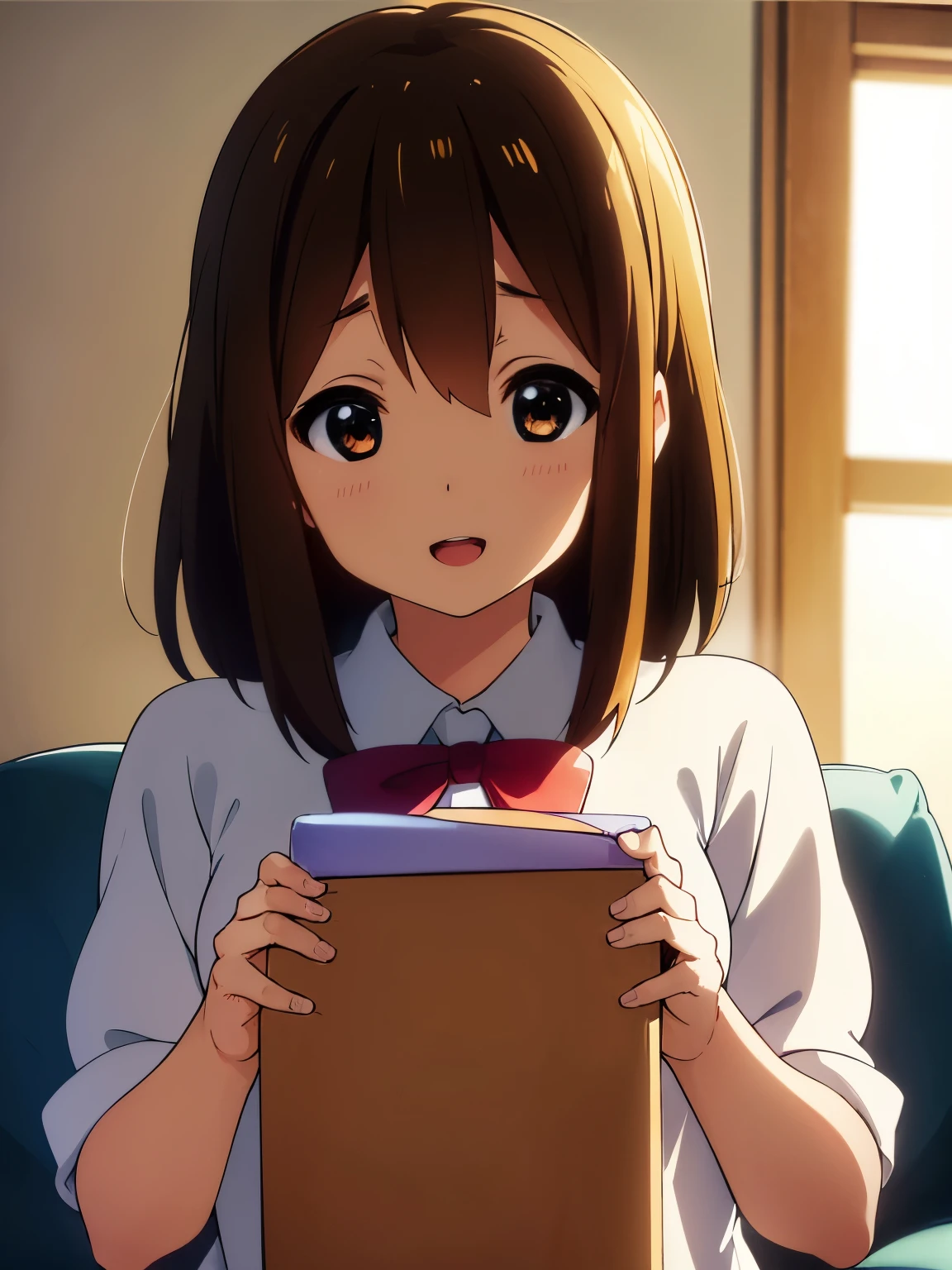1girl, (((masterpiece))), top-quality, top-quality, High Details, hirasawa yui, 1girl, Sakuragaoka High School Uniform, student clothes, maid cafe uniform, two-yellow hairpin, short hair, A brown-haired, brown-eyed, solo, reddish, thin blue ribbon, Solid white buttoned shirt under blazer, sitting on the sofa, illustratio, comic strip, soothing tones, Subdued Color, Soft cinematic light, adobe lightroom, photolab, HDR, intricately and hyper-detailed、(((depth of fields))))。(((masterpiece)))。(((top-quality))).)((ultra-detailliert)))。(((illustratio)))。(((takeout))).dynamic focus.big breasts.(((home))).(((A sitting room))).(((Face of happy))). open mouth.(((hands holding big gift valentine chocolate))).(((up chest))).((morning glow)).((the setting sun)).