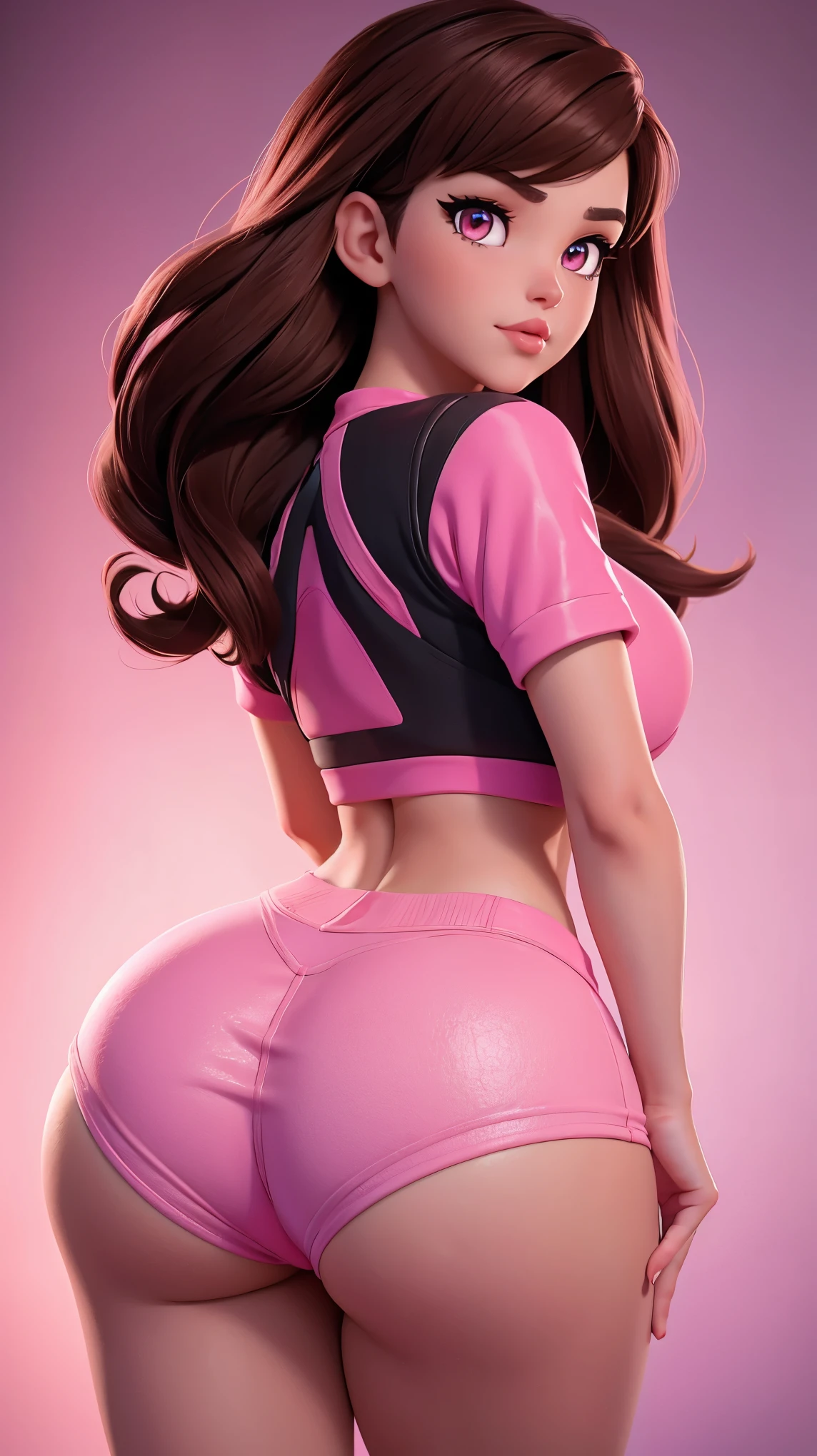 18 year old, brown hair, pink eyes, cute pose, D.Va, very short shorts, butt sculpting, crop top, looking back at the viewer