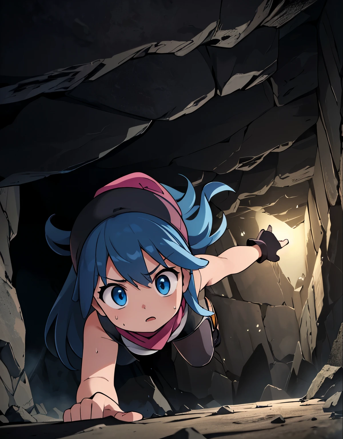 (best quality,4k,highres),(realistic:1.37),(dark,moody:0.9),(intense,high-contrast:1.1),(dramatic lighting,shadowysterious atmosphere),dawn \(pokemon\), beanie, long hair, blue hair, blue eyes, black sleeveless shirt, pink scarf, pink skirt, pink boots, white panties, body shape, chubby thighs, thick thigh,(beautiful detailed eyes,long eyelashes:1.1),(filthy,clothing tearing),(sweat,heavy breathing),(trembling body),(urgent,panic-stricken),(desperate escape),(damp walls,rough texture),(massive boulder:1.2),(colorful fragments,flying in the air),(danger,disaster:1.1),(trapped,enclosed space),(fear,terror),(ominous presence),(echoing sound),(heart-pounding),(blurry motion effect),(narrow passage,limited visibility),(tension,suspense:1.1),(drenched in darkness),(dynamic composition),(determined expression),(uneven terrain),(moss-covered rocks),(fearful gaze),(eerie silence),(adventure,thriller),(sudden tilt,angled perspective),(crawling in shadows),(intense action),(arduous escape),(precise lighting),(subtle hint of hope),(adrenaline rush),(chasing scene),(glimpse of light at the end),(faint echoes),(emerging from darkness),(sudden relief),(strength,agility),(quick reflexes),(pulsating energy),(cave exploration),(skilled dodge),(flickering light),(intense pursuit),(breathtaking tension)