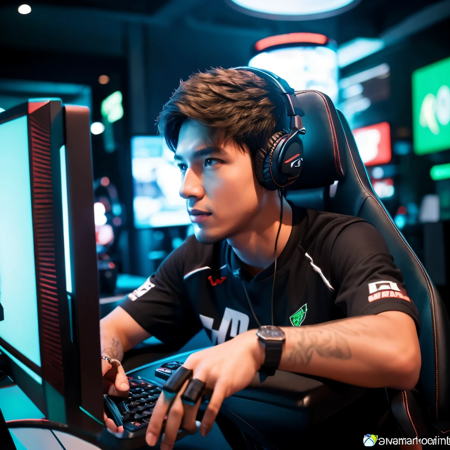 a 25 year old young man with black eyes wearing glasses black hair low cut, playing Xbox video games sitting in a gaming chair with a headset on his head and a joystick in his hand and a green cap 