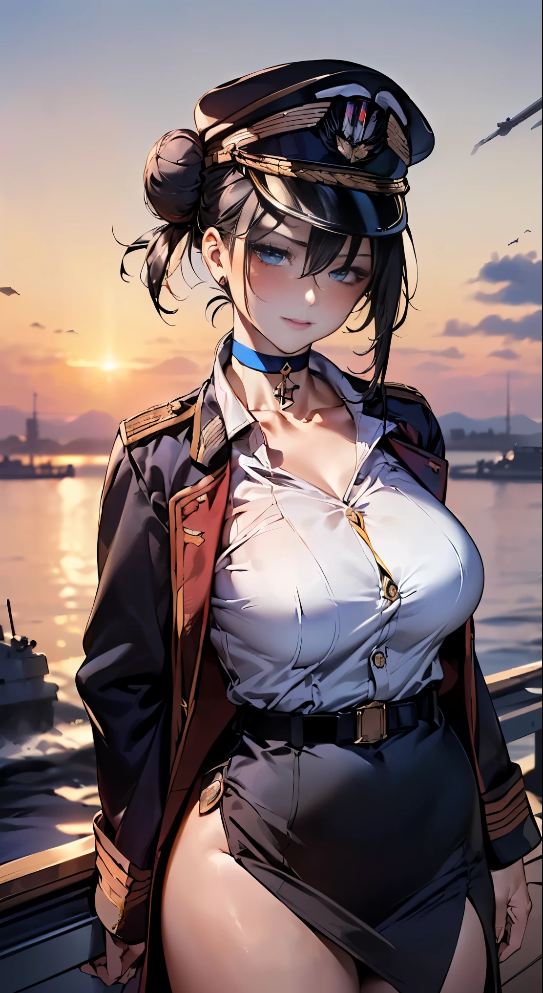 (masterpiece:1.2, highest quality), (realistic, photorealistic:1.4), beautiful illustrations, 
looking at the viewer, whole body, Front view:0.6, 
1 female, Japanese, ((black hair:1.5, chignon:1.4)), blown hair, bangs, hair between eyes, (big breasts, thin waist)
beautiful hair, beautiful face, beautiful and detailed eyes, (blue eyes:1.3), beautiful clavicle, beautiful body, beautiful breasts, beautiful thighs, beautiful feet, beautiful fingers, 
(Deck of an aircraft carrier:1.4),
((sergeant, white military uniform:1.4, Military Cap, Class Chapter, Slit skirt, choker:1.6)), ((NFSW:1.5)) 
(Are standing, put your hand on your chest, hand between legs), 
(glare at the viewer while blushing:1.3)