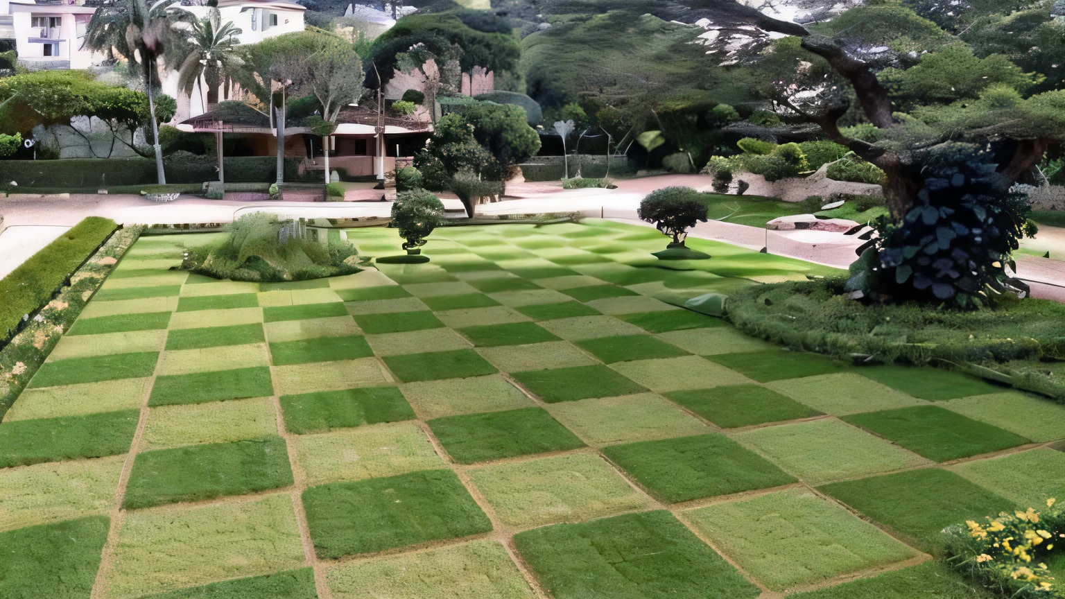 there is a big green lawn with a checkerboard pattern in the middle, paisagem original e criativa, well-tended Garden of Eden, jardim muito surreal, quadrado verde, green spaces, linhas quadradas, geometria interessante, gramados, confusing optical illusion, geometrical masterpiece, uma bela land art de um grande, grama - como, there is not much grass