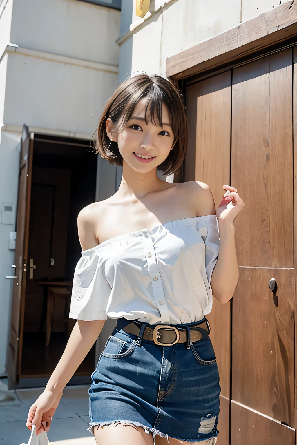 (8k,RAW photo、RAW photo、highest quality、master masterpiece:1.2)、1girl、1middle aged male、Super detailed、super resolution、(Photoreal:1.3)、((shot from below)),((cowboy shot:1.4))、Clearly depicts the shadows of light、High resolution RAW color photos、professional photos、(((Entrance inside tower apartment:1.4)))、I draw it faithfully to the anatomy..、very detailed and beautiful、super high quality、((extremely short hairstyles:1.4))、((エントランスの中に立っているgirl:1.4))、((White collar short sleeve off shoulder shirt:1.4))、((white short sleeve off shoulder cotton shirt:1.4))、((Denim skirt that highlights your thighs:1.4))、Upper body、((ポシェットを肩に掛けているgirl:1.4))、((smile:1.4))、