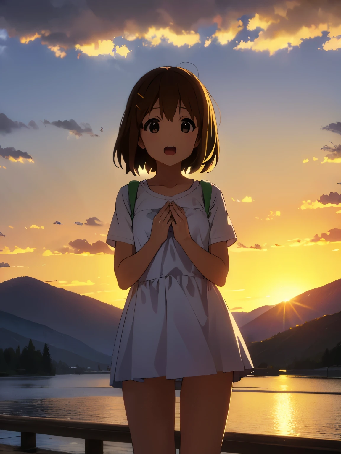 1girl, (((​masterpiece))), top-quality, top-quality, High Details, Hirasawa Yui, 1girl, two yellow hairpin, short hair, A brown-haired, brown-eyed, solo, school clothes, underwear, bikini, thin blue ribbon, full body, full image, rainy weather, illustratio, comic strip, soothing tones, Subdued Color, Soft cinematic light, adobe lightroom, photolab, HDR, intricately and hyper-detailed、(((depth of fields))))。(((​masterpiece)))。(((top-quality))).)((ultra-detailliert)))。(((illustratio)))。(((takeout))).dynamic focus.big breasts.(((lake))).(((A mountain scape))).(((Face of happiness))). open mouth.(((put hands on the hip))).(((up chest))).((afternoon glow)).((the setting sun)).