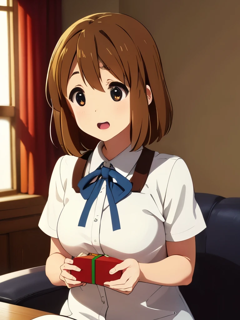 1girl, (((masterpiece))), top-quality, top-quality, High Details, hirasawa yui, 1girl, Sakuragaoka High School Uniform, student clothes, maid cafe uniform, two-yellow hairpin, short hair, A brown-haired, brown-eyed, solo, reddish, thin blue ribbon, Solid white buttoned shirt under blazer, sitting on the sofa, illustratio, comic strip, soothing tones, Subdued Color, Soft cinematic light, adobe lightroom, photolab, HDR, intricately and hyper-detailed、(((depth of fields))))。(((masterpiece)))。(((top-quality))).)((ultra-detailliert)))。(((illustratio)))。(((takeout))).dynamic focus.big breasts.(((home))).(((A sitting room))).(((Face of happy))). open mouth.(((hands holding big gift valentine chocolate))).(((up chest))).((morning glow)).((the setting sun)).