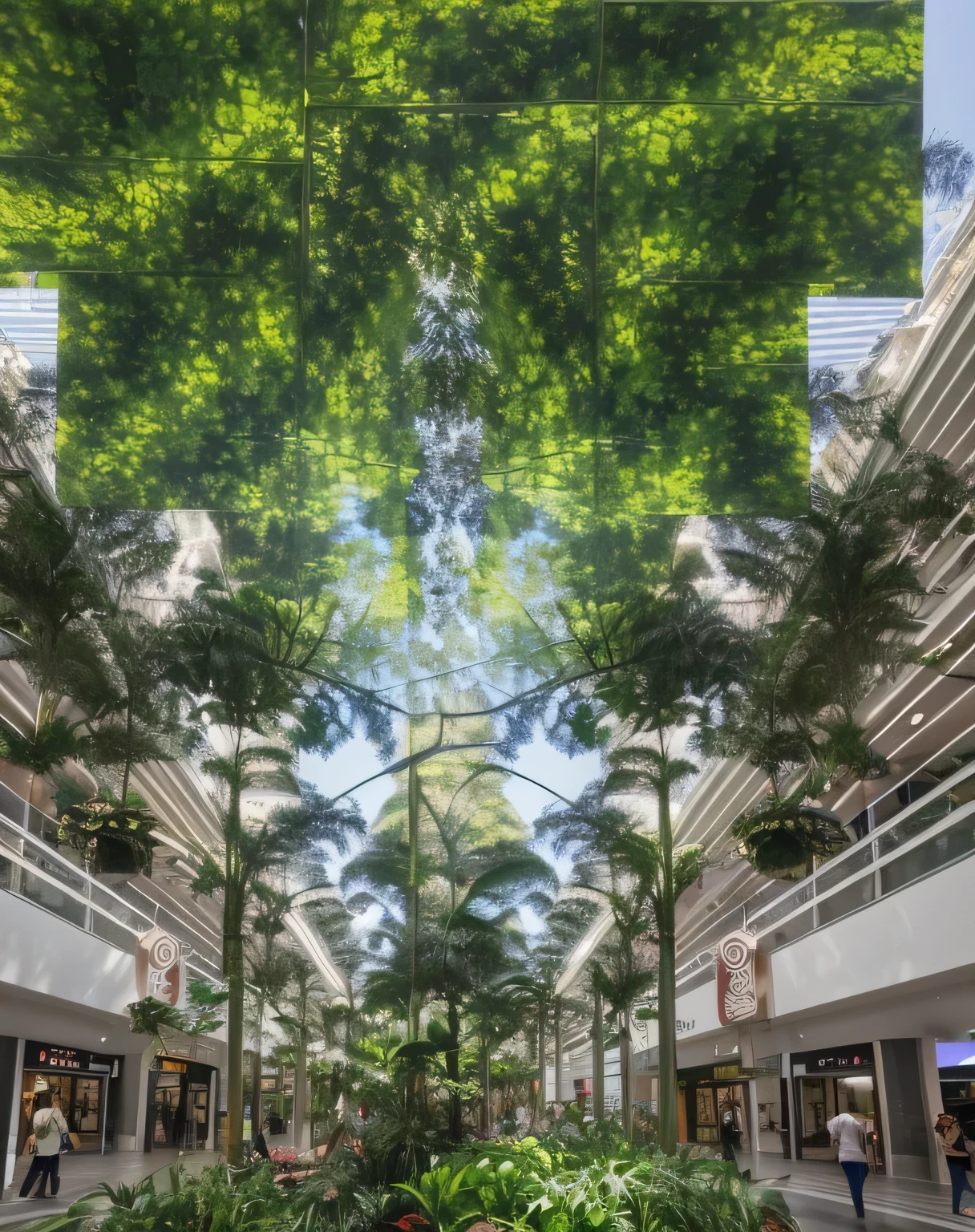 there are many people walking in a mall with trees, dossel surreal, The city is full of green plants, forest city streets behind her, with trees, natureza crescendo ao redor da cidade, Nature returning to the city, perspectiva da rua, many trees and plants, becos verdes, shopping coberto, photo realistic symmetrical, Perspectivas distorcidas, multiple perspectives