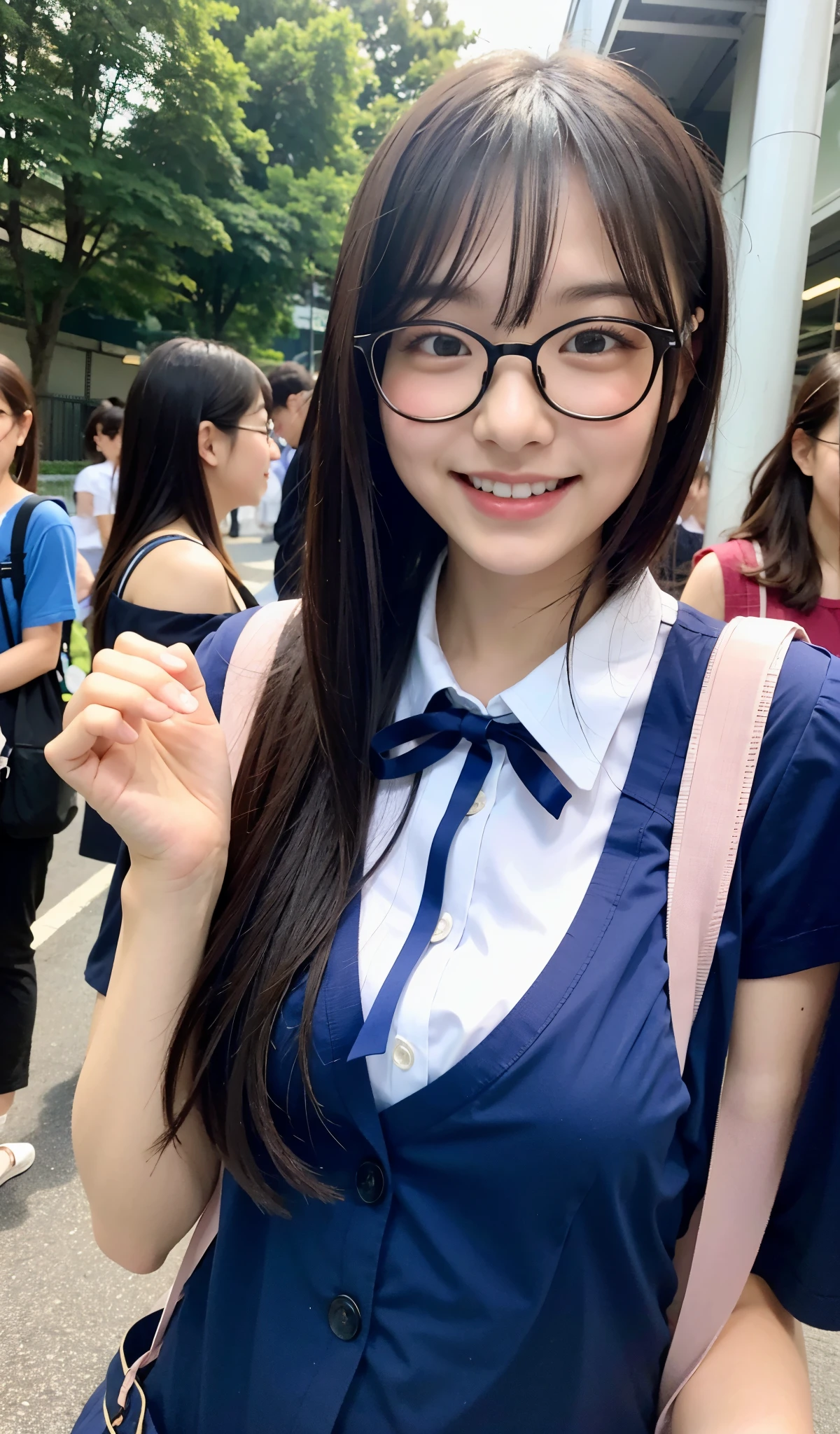 8k、best image quality、masterpiece、summer、Japanese high school girl meets friends while commuting to school。she smiled。、I winked in my right eye.、12age、short hair、wear glasses、ribbon on head、