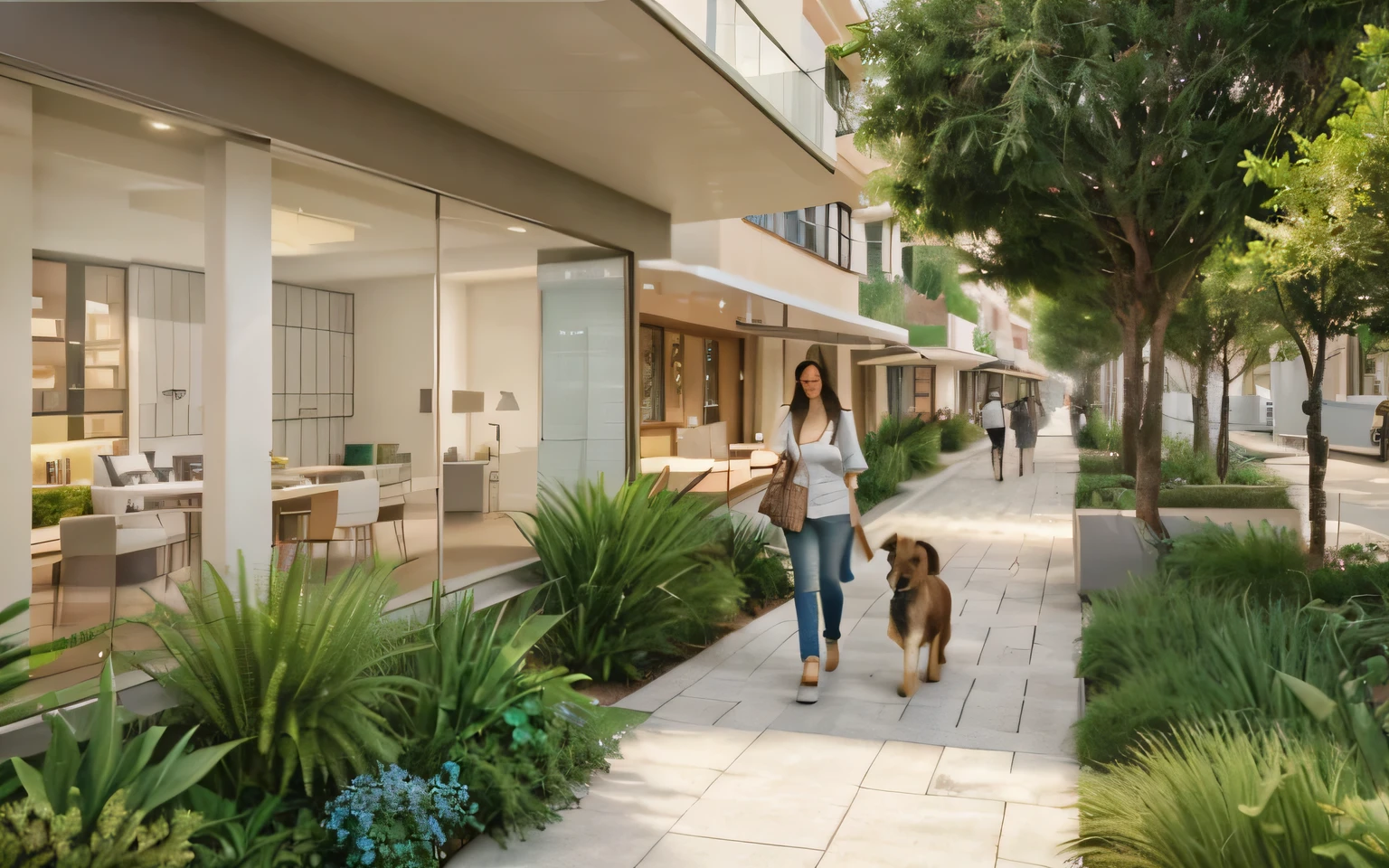 rendering of a woman walking a dog on the sidewalk next to a building, artistic print, hiper-realista, hiper-realista, architectural renderinging, paisagem urbana fotorrealista, architectural rendering, architectural visualization, artistic print, award-winning rendering, residencial, inovador, artistic print, a photorealistic rendering, a digital rendering, imagem realista, architectural rendering, madeira escura, tropical, palmeiras