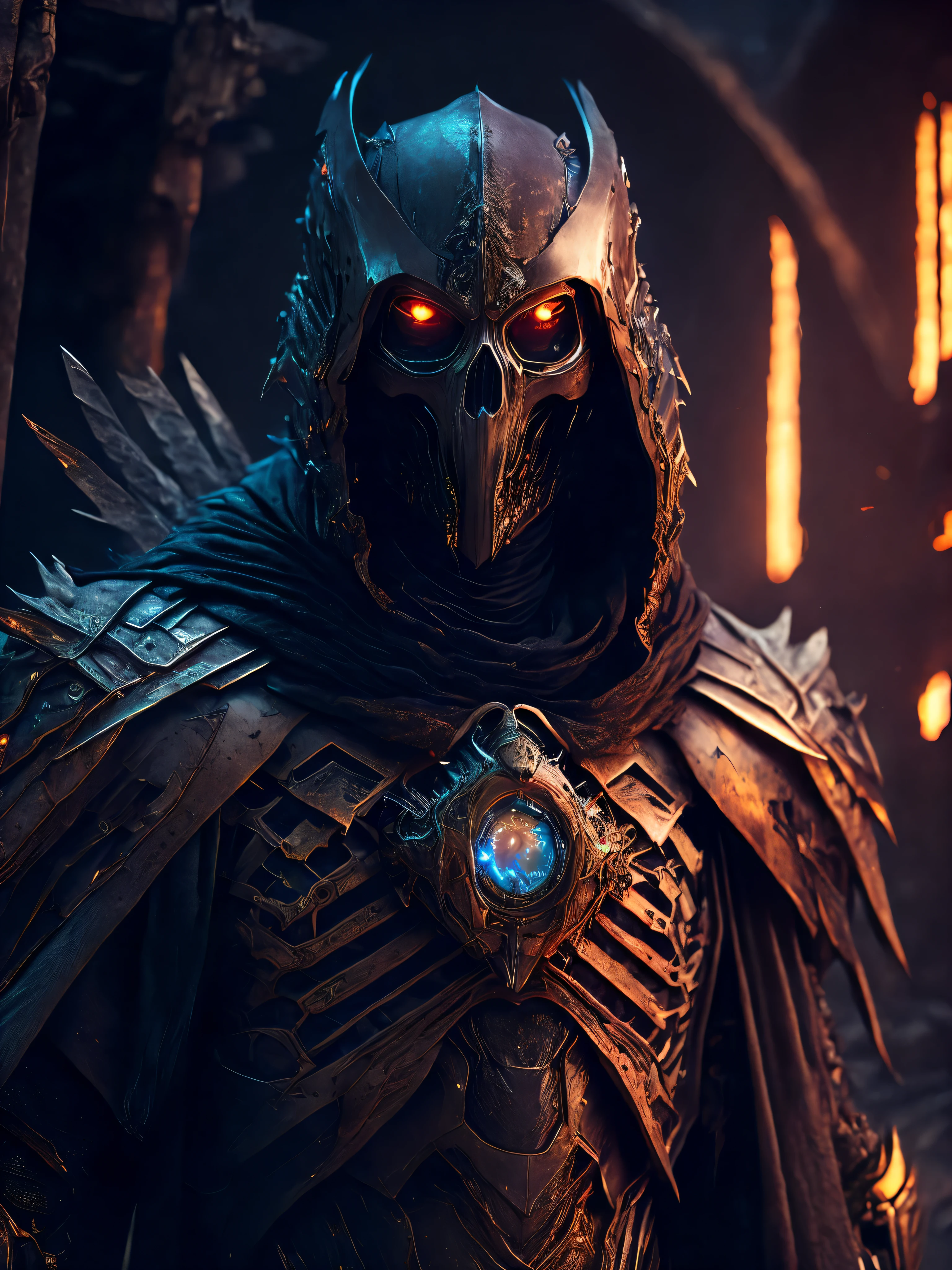 breathtaking cinematic science fiction photo of a full body reaper, metal skin, body full of dirty leather and glowing metrics inside, glowing multicoloured eyes, multifaceted eyes, metallic arms, inside a destroyed building, extremely menacing creature, highly detailed, award-winning
