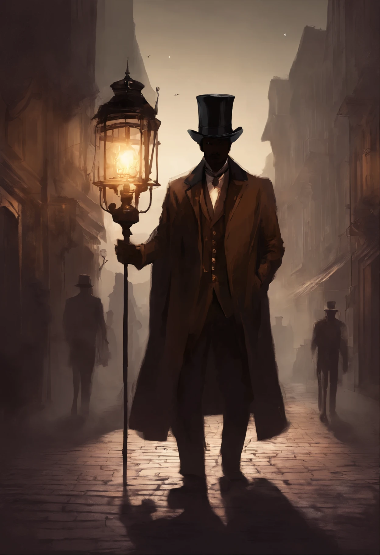 minimalist,brown man on his back in cape and top hat in the 19th century with lamp in hand , magic, phantasy, sailboat details,dark street,people walking on the street,shadow atmosphere,cold colors,moon lighting.