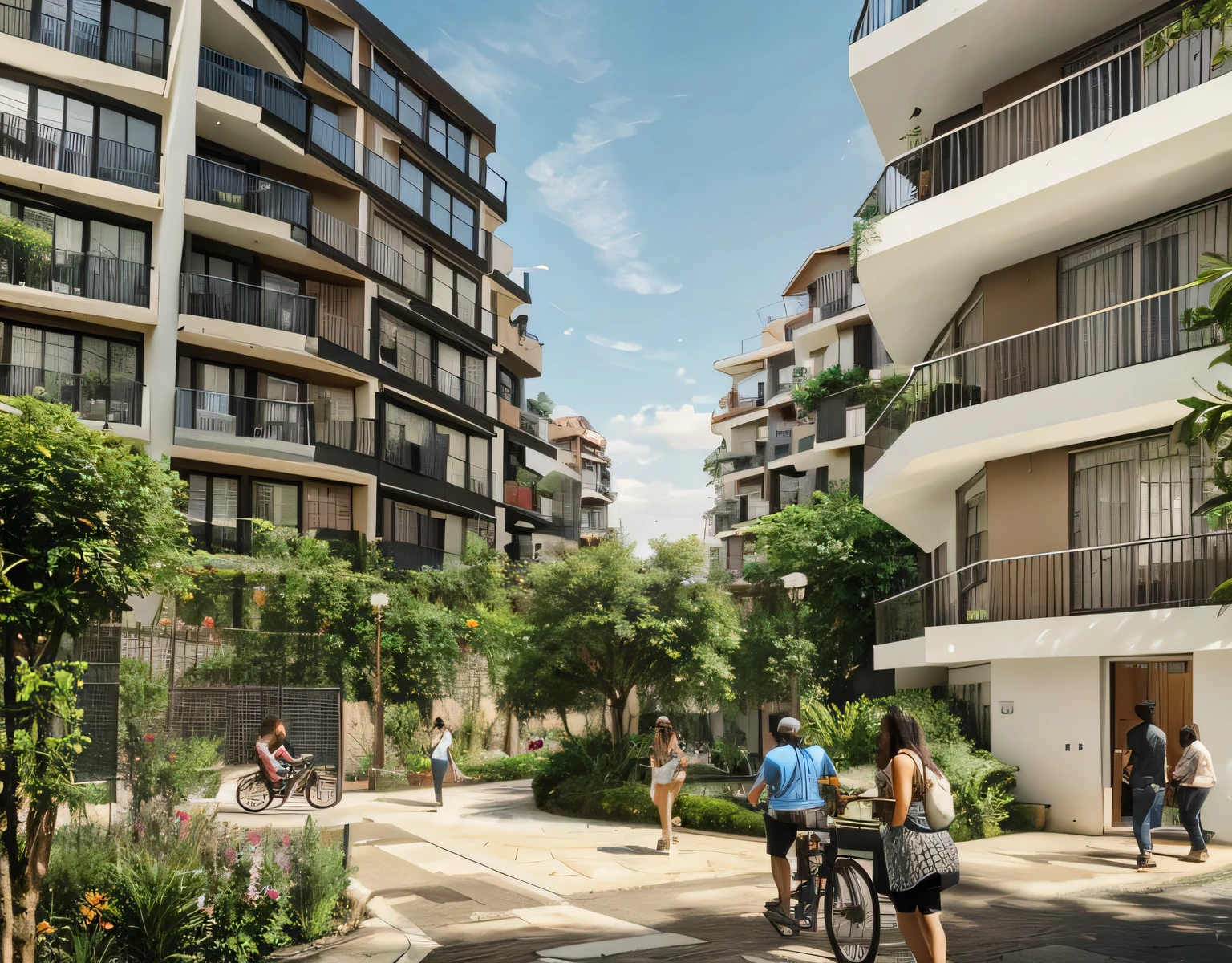 predios de 3 andares, people walking and cycling in the courtyard of a building with balconies, residencial, hiper-realista, hiper-realista, acolhimento e parceiros, Captura de tela, um hiper-realista, desenvolvimento misto, grande!!!!!!!!!!!!, architectural rendering, Residential area, Vicente Callebaut, extremamente complexo, Um hiper-detalhado, architectural visualization, ambiente exuberante, conceptual, artistic print
