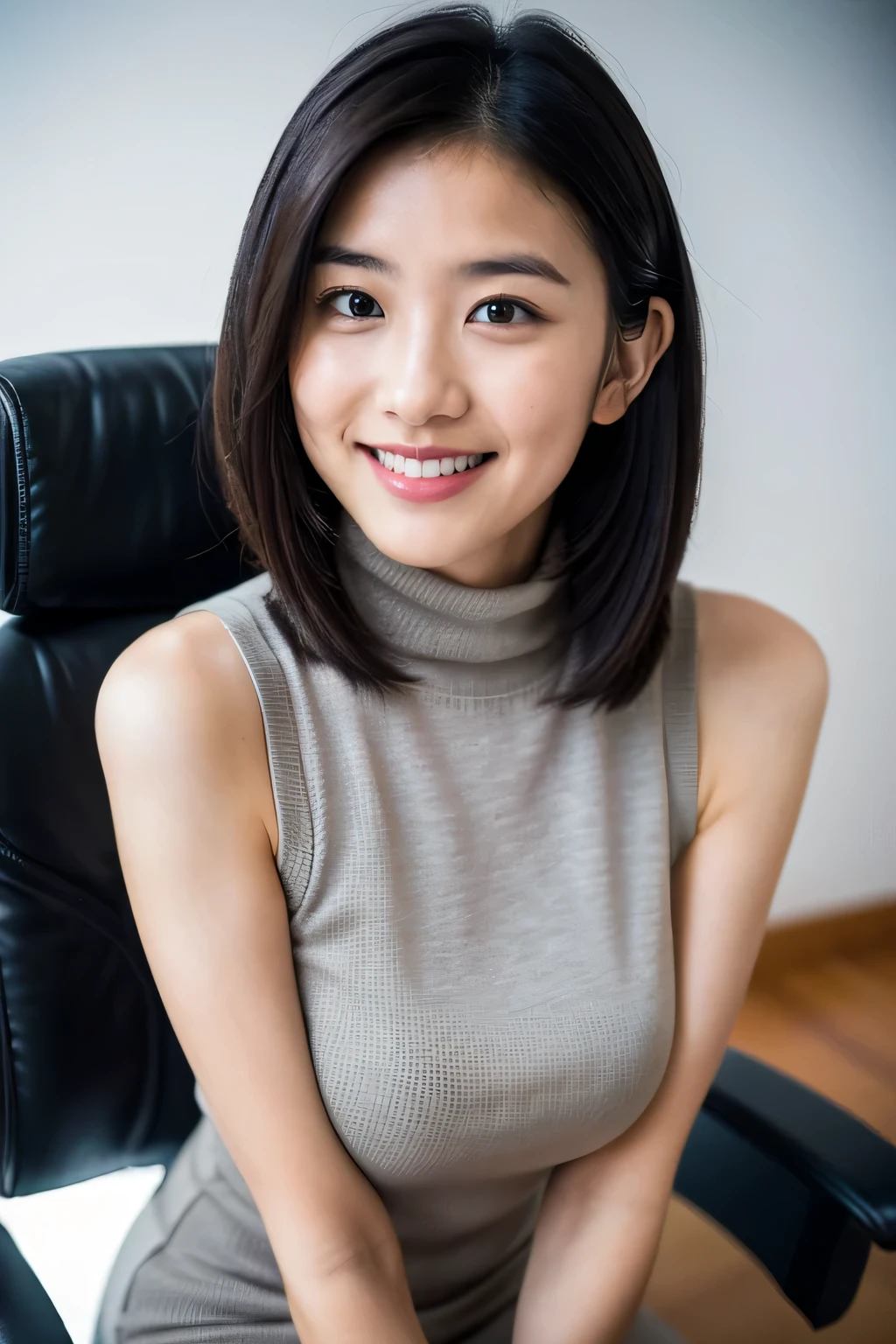 (highest quality, masterpiece, ultra high resolution, realistic:1.2), absurd, length is perfect, medium bob cut、Japanese、30 years old、A beautiful woman full of adult sex appeal, Miracle photo, big breasts, attractive breast bulge, turtleneck sleeveless tight dress, cute smile, sting office chair,　((The chest is hidden by clothes))