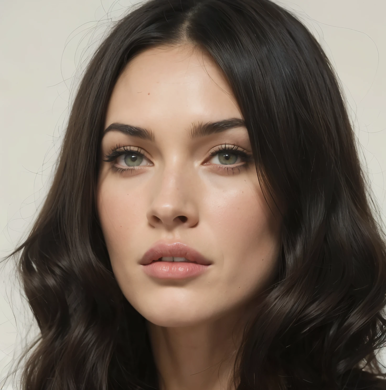 Mujer arafed con pelo largo y negro y camisa blanca., portrait of Megan Fox, Megan Fox portrait, portrait of Megan Fox as a queen, Megan Fox with heavy eye makeup, Megan Fox, still of Megan Fox, Megan Fox as beautiful mountains, portrait of Megan Fox as demon, lips of Megan Fox, ana de armas, Megan Fox witch queen
