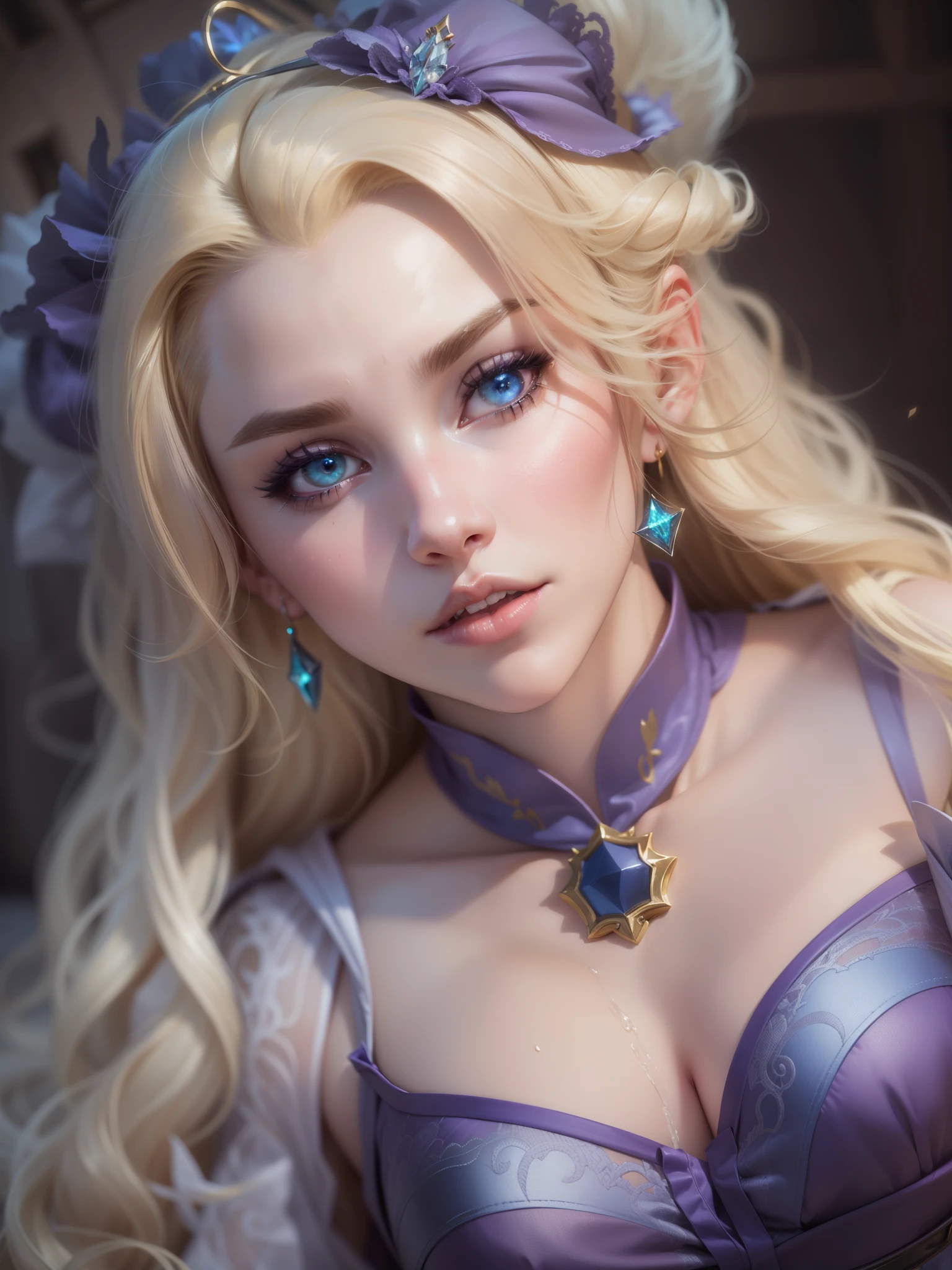 long blond hair woman in purple dress, elegant glamorous cosplay, glamorous cosplay, money, blonde hair princess, money as a super villain, gorgeous cosplay, alexa grace, Epic battle fantasy Natalie, blonde hair with pigtails, Anna Nikonova、Also known as New Milky, Samira from League of Legends,be familiar with,realistic, be familiar with, skin texture, hyper be familiar with, realistic skin texture, armature, highest quality, 超High resolution, (写真realistic:1.4),, High resolution, be familiar with, 
