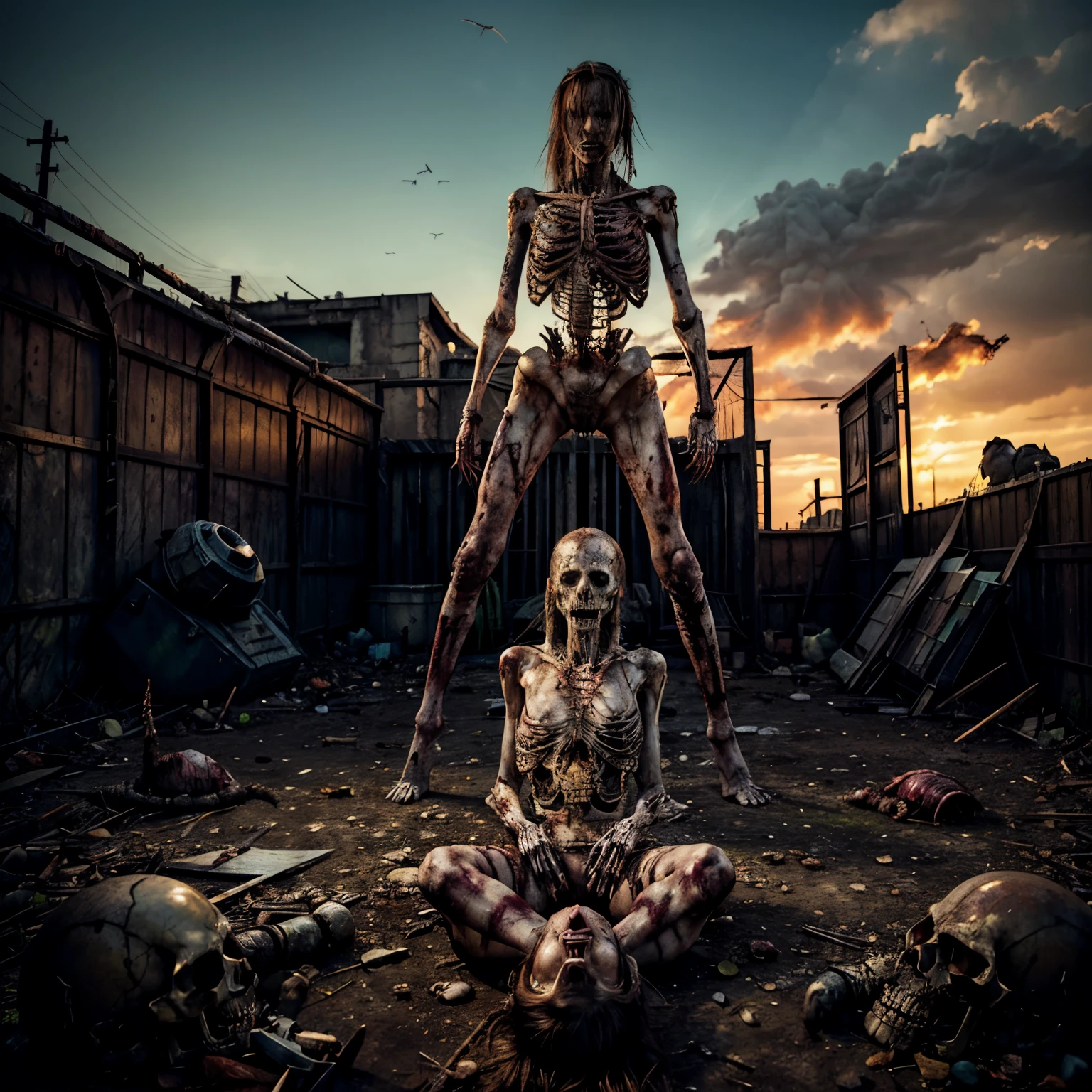 Masterpiece, highest quality, (high detail:1.2), creepy corner, multiple bodies, corpsets, rotten meat, broken bone, bones, skeleton ,rotten skin, zoombie, blood, creepy, death, horror, obscure , shadows, swamp, horrifying creatures body rotten, sharp objects, living death, zoombies, gore, rotten organs, guts, dark macabre, virus, viruses and spores, mutants, mutations, altered DNA, sunset, post-apocalyptic, amputations, trauma, beats, bites, lacerations, hematomas and teratomas, post-apocalyptic background.