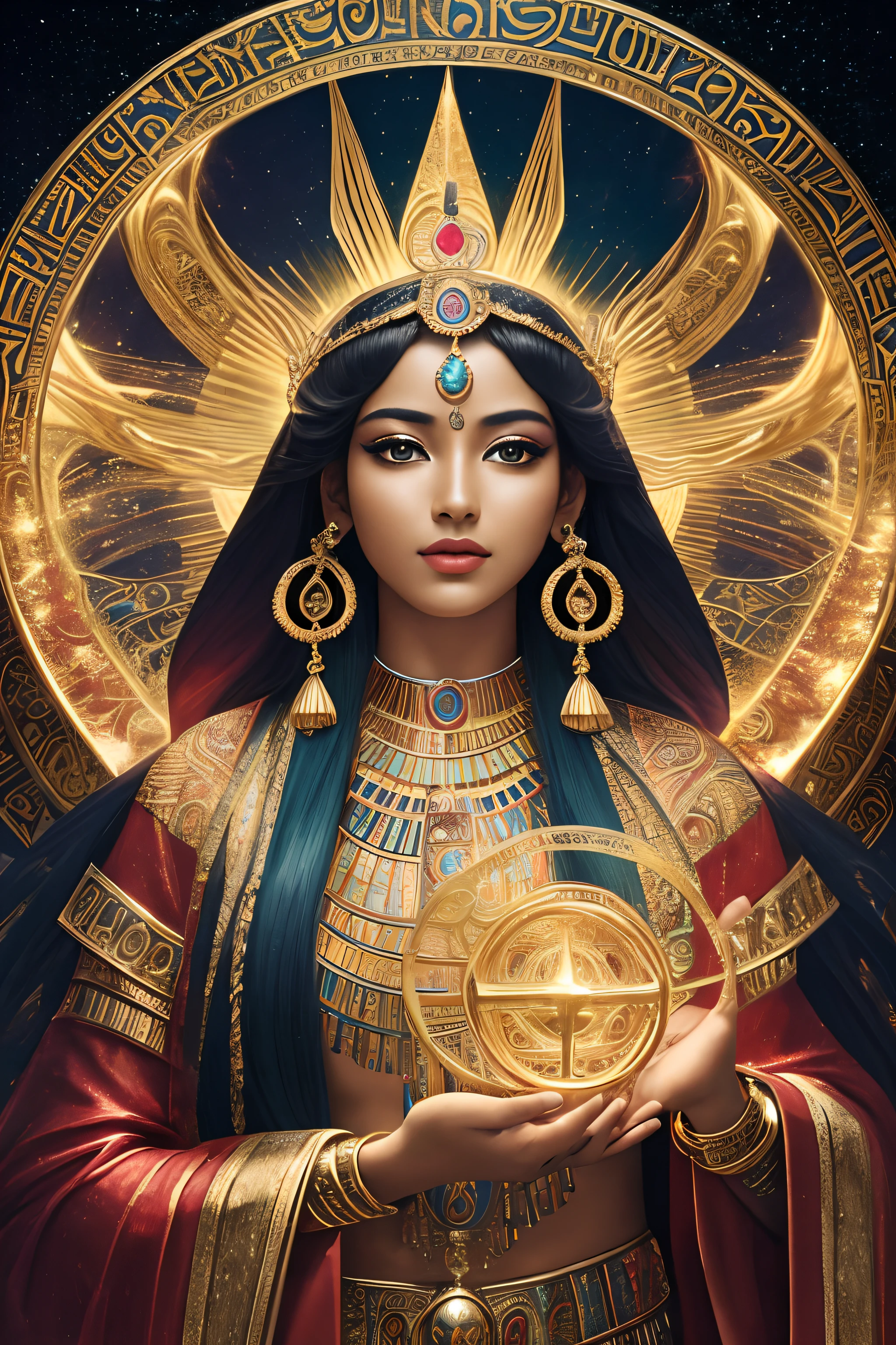 (best quality, highres:1.2), ultra-detailed, realistic:1.37, vibrant colors, masterfully painted, divine atmosphere, mystical, ancient Egyptian, ethereal, mesmerizing, captivating, enchanting, glowing, powerful, godly presence, gold accents, intricate details, magical swirls, fiery vortex, celestial energy, sparkling sparks, cosmic connection, ornate designs, sacred altar, divine fusion, godlike beauty, majestic, godess-like, captivating gaze, mythical creature, spiritual aura, celestial alignment, mysterious charm