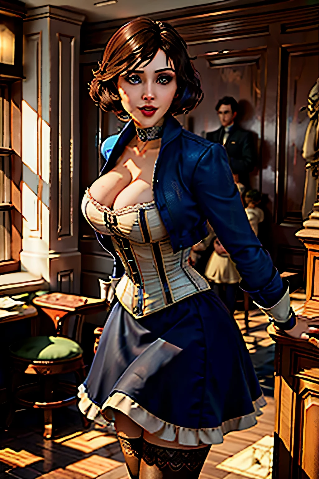 Masterpiece, high resolution, photorealistic, best quality, perfect lighting, , female, 1girl, solo, library, castle, elizabeth_bioshock, blue jacket, white corset, cleavage, dancing, happy, smile, , aged down, , , busty, huge breasts, narrow waist, slim, skinny, small waist, dessous, bra, lingerie, (stockings: 1.2)