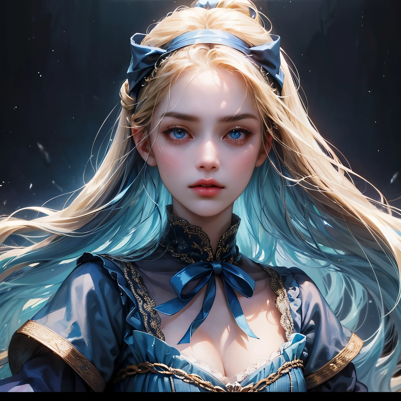 Create a face card portrait for a character description, an young teenage female character with long blonde hair tied with a bow, some strands on her face, glowing blue eyes, wearing a blue and white fantasy medieval feminine warrior gear, she's a fierce fighter, angry, she's very pretty, dark theme, detailed background of a mysterious dark blue lake at night, dark blue colors, very close up picture with face, detailed, 4k, only face in the picture, close up shot of face, do not show below the neck, extremely close up shot, straight portrait