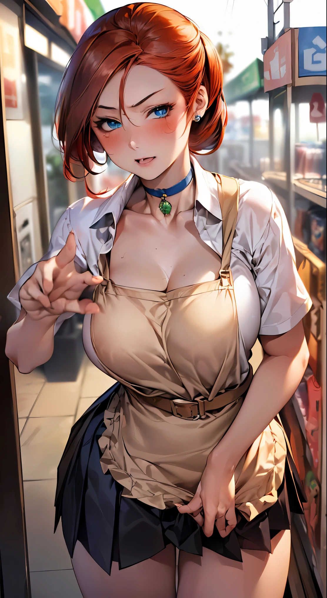 (masterpiece:1.2, highest quality), (realistic, photorealistic:1.4), beautiful illustrations,
looking at the viewer, whole body, Front view:0.6,
1 female, Japanese, ((Redhead chignon:1.5, hair combing gesture:1.7)), blown hair, bangs, hair between eyes, big breasts,
beautiful hair, beautiful face, beautiful and detailed eyes, (blue eyes:1.3), beautiful clavicle, beautiful body, beautiful breasts, beautiful thighs, beautiful feet, beautiful fingers, (Inside a convenience store:1.4),
((Short sleeve shirt with white and green striped collar, Green pleated skirt, belt, black chest apron:1.3, choker)), white panties,
(Are standing, rub your chest),
(glare at the viewer while blushing:1.3)
