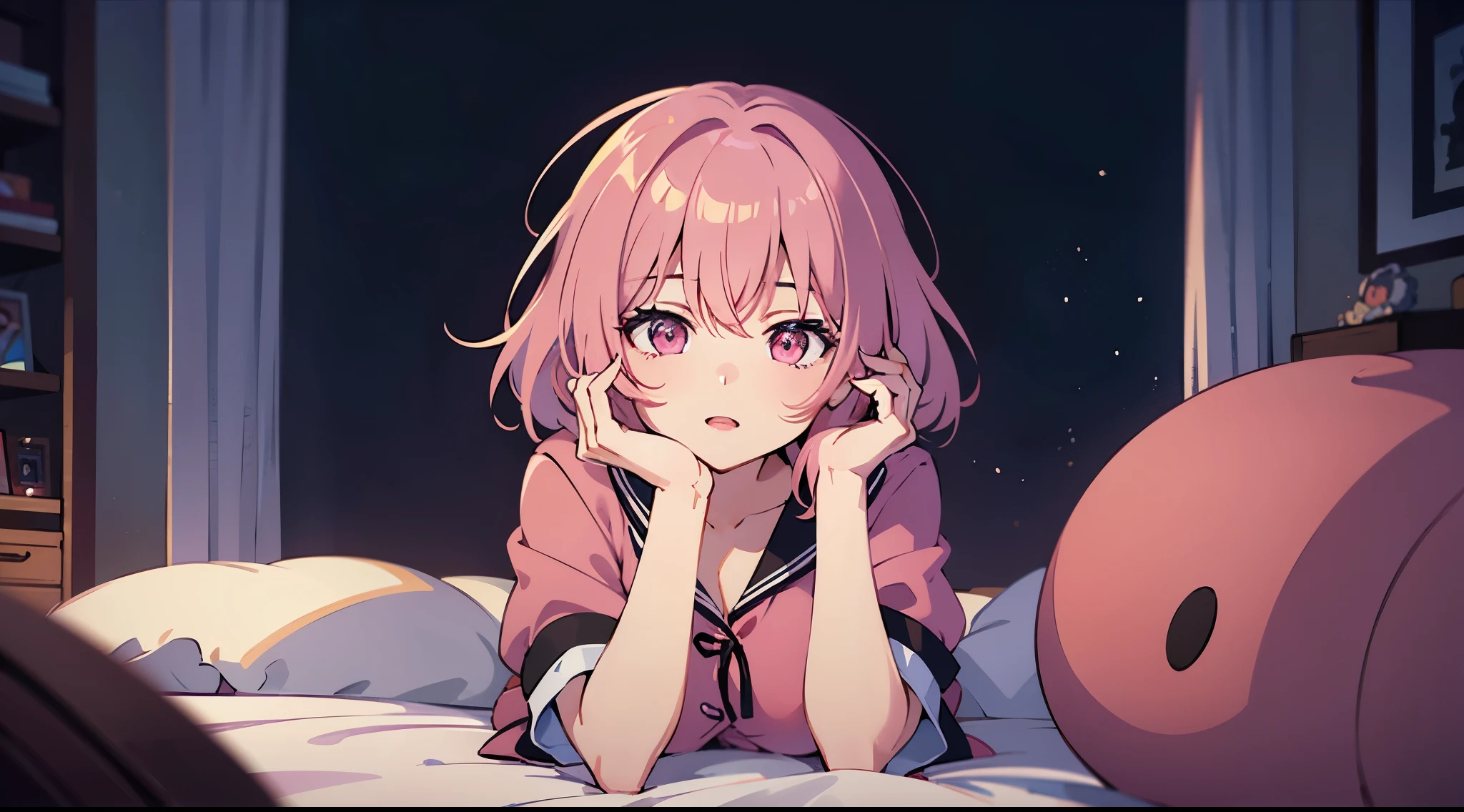 anime girl laying on a bed with a bunch of stuffed animals, soft anime illustration, detailed digital anime art, clean detailed anime art, detailed anime art, 8k high quality detailed art, digital anime illustration, detailed anime artwork, anime illustration, top rated on pixiv, digital art on pixiv, beautiful anime artwork, pixiv, marin kitagawa fanart, pink hair, pink eyes, short hair, 1 girl, pajama