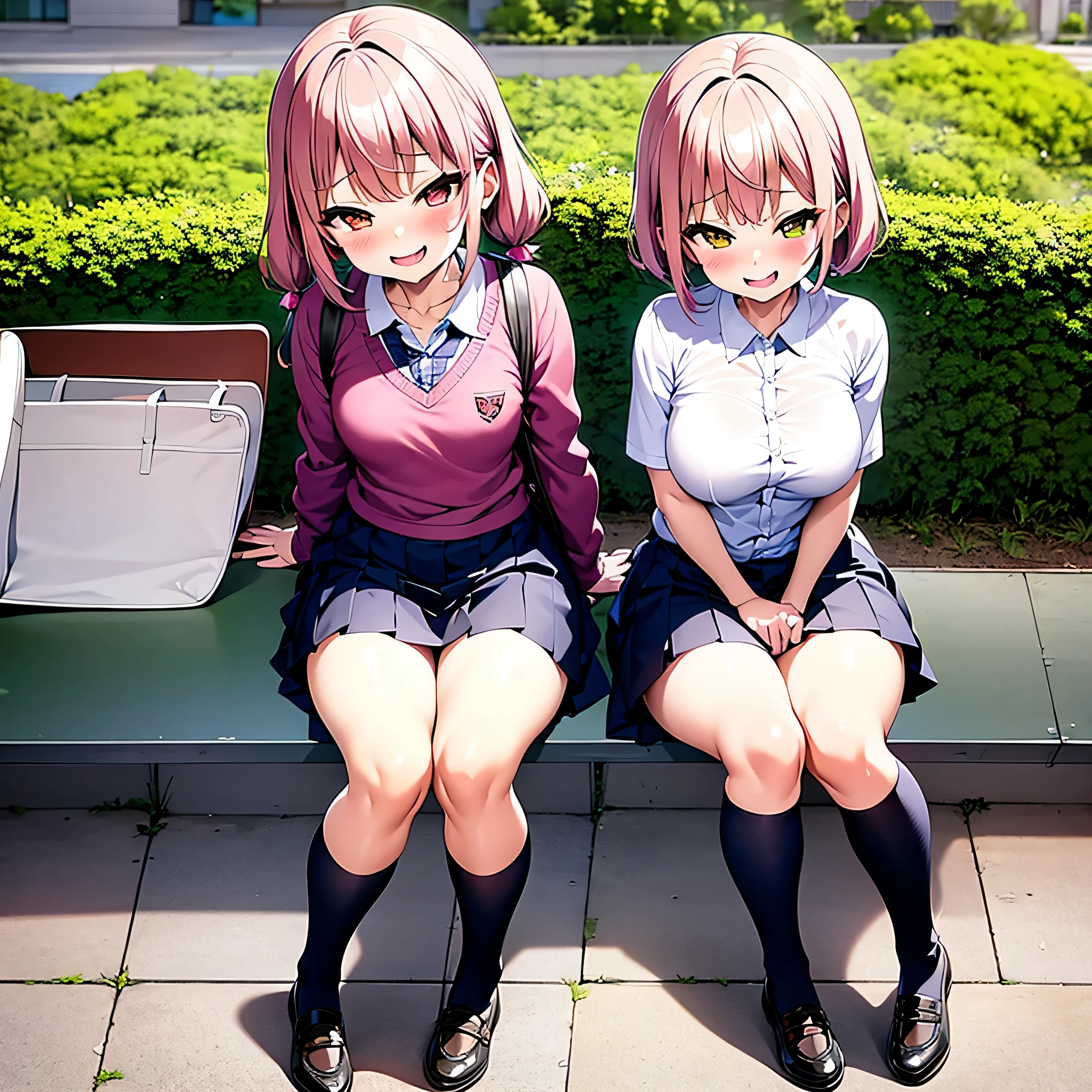 girls、、school bag、pink hair、twin tails、(big breasts 1.4)、micro skirt、pants、garden、sitting on the bench