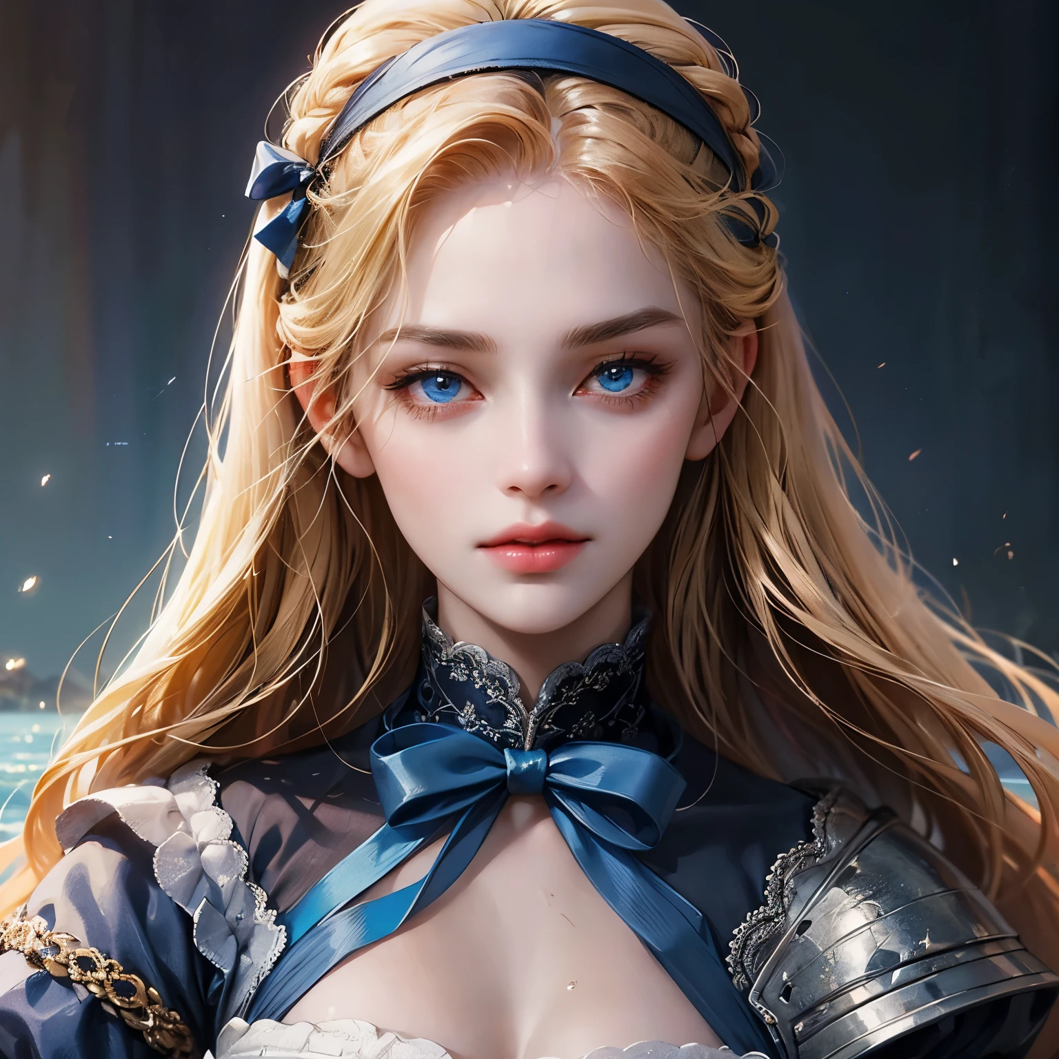 Create a face card portrait for a character description, an young teenage female character with long blonde hair tied with a bow, some strands on her face, glowing blue eyes, wearing a blue and white fantasy medieval feminine warrior gear, she's a fierce fighter, angry, she's very pretty, dark theme, detailed background of a mysterious dark blue lake at night, dark blue colors, very close up picture with face, detailed, 4k, only face in the picture, close up shot of face, do not show below the neck, extremely close up shot, straight portrait