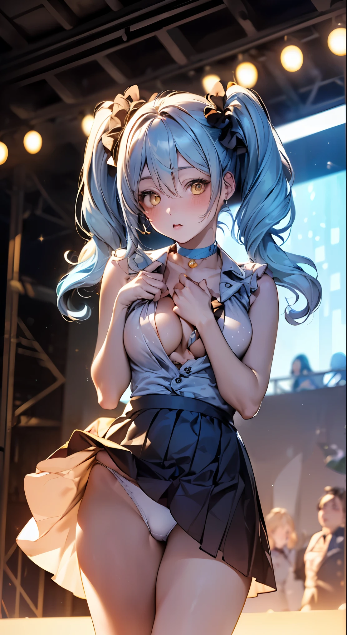 (masterpiece:1.2, highest quality), (realistic, photorealistic:1.4), beautiful illustrations,
looking at the viewer, whole body, Front view:0.6,
1 female, Japanese, ((light blue hair:1.5, twin tails:1.5)), blown hair, bangs, hair between eyes, ((height: 167cm, C cup elastic breasts, thin waist, peach butt))
beautiful hair, beautiful face, beautiful and detailed eyes, (yellow eyes:1.3), beautiful clavicle, beautiful body, beautiful breasts, beautiful thighs, beautiful feet, beautiful fingers,
(beautiful scenery), beautiful concert stage,
((polka dot dress:1.3, detailed accessories, vest, mini skirt, choker)), white panties,
(Are standing, lift the skirt, grab the hem of the skirt, put your hand on your chest, hand between legs, open your legs:1.3),
(Look at the viewer while blushing:1.3), ((idol costume:1.5))