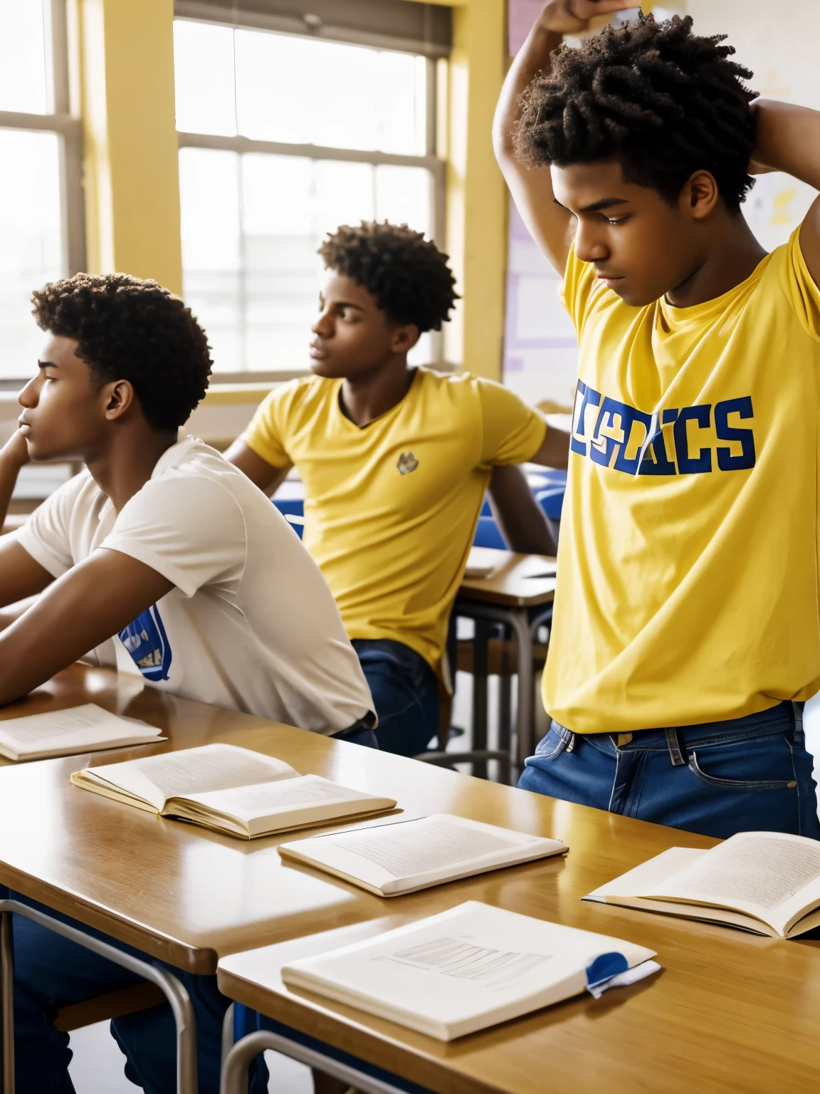 a group of young men sat at a table in the classroom, and smelled the ager's armpits, yellow stains on the armpits, wearing a white shirt,armpit odor, yellow stains on the armpits