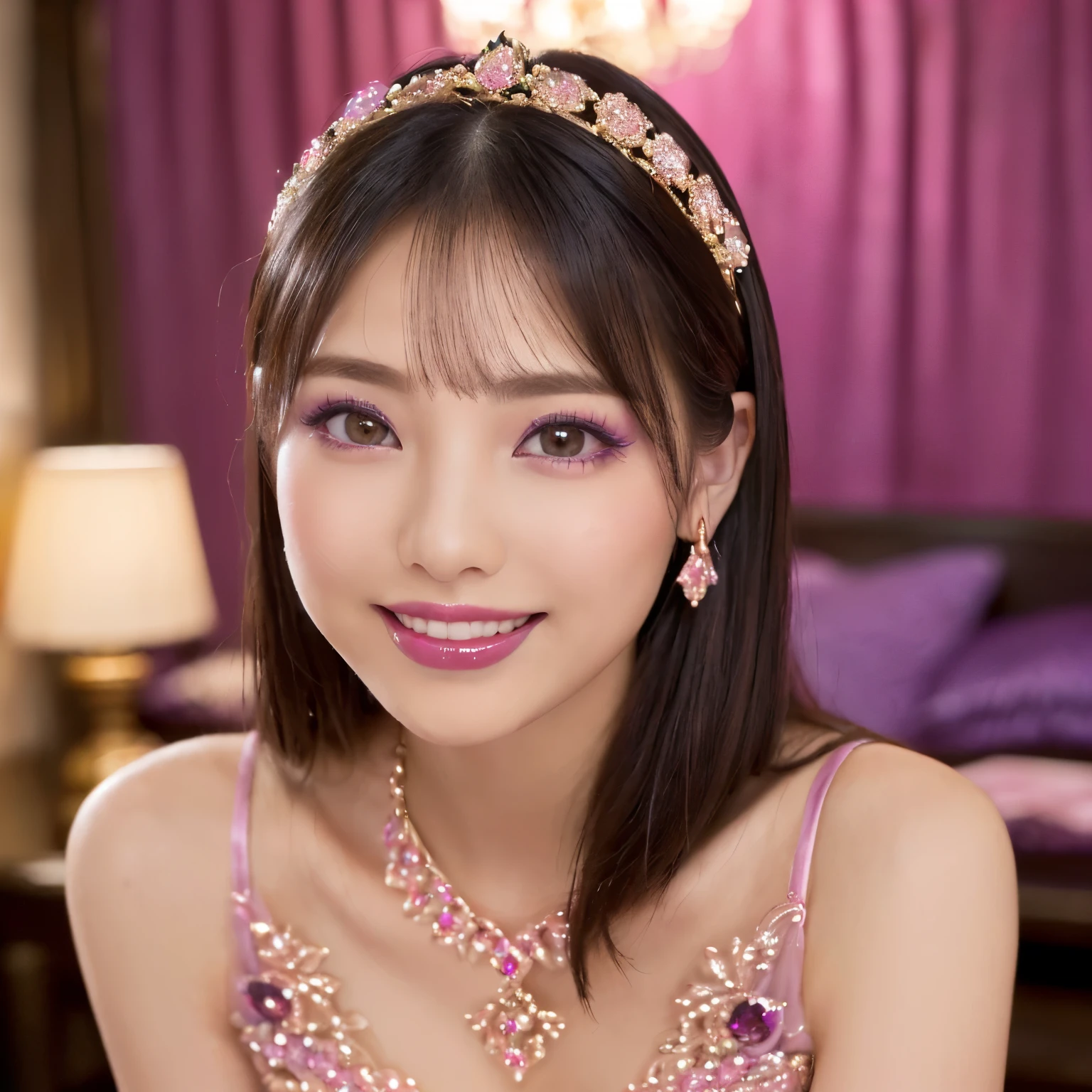 ((highest quality、table top、8k、best image quality、extremely complex and detailed depiction))、、(prostitute goddess:、(Japan'最もゴージャスなprostitute goddess:1.1)、((The most gorgeous prostitution goddess huge costume、The most vivid and luxurious costume Iglon costume、The unimaginably luxurious goddess room、Glittering purple and pink room、purple and pink interior、The most luxurious purple and pink room、purple and pink gems、A night spent in a glittering room decorated with lots of jewelry、very intricate decoration、A very transparent goddess room))、(look at me、bewitching smile、perfect makeup、long eyelashes、lipstick、pink eyeshadow、perfect anatomy、best smile)、(close up of face:1.35)