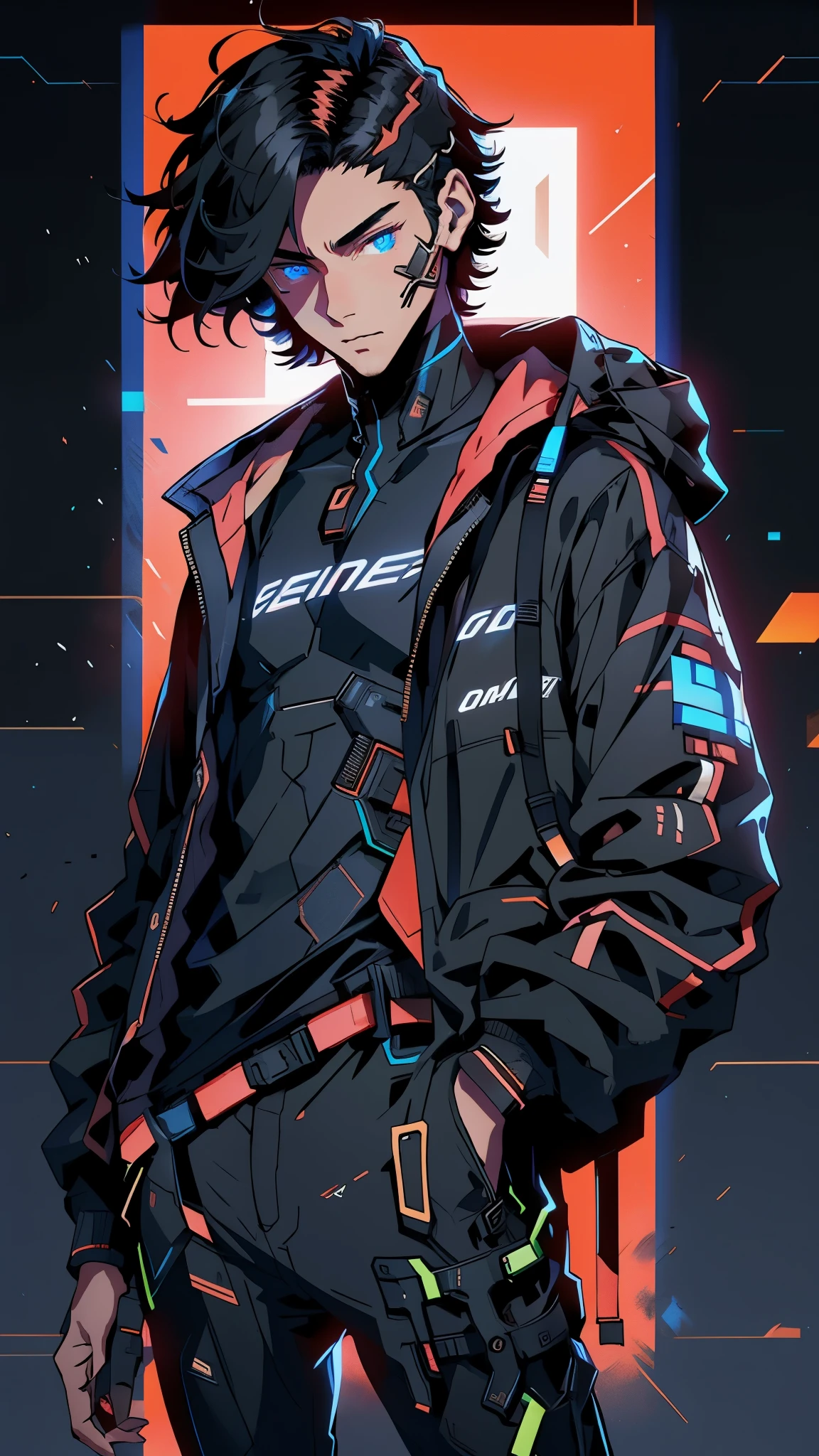 programmer boy, black hair, red ombre, cute face, short hair, high definition, master peace, sexy, jacket, blue eyes, night, neon, male