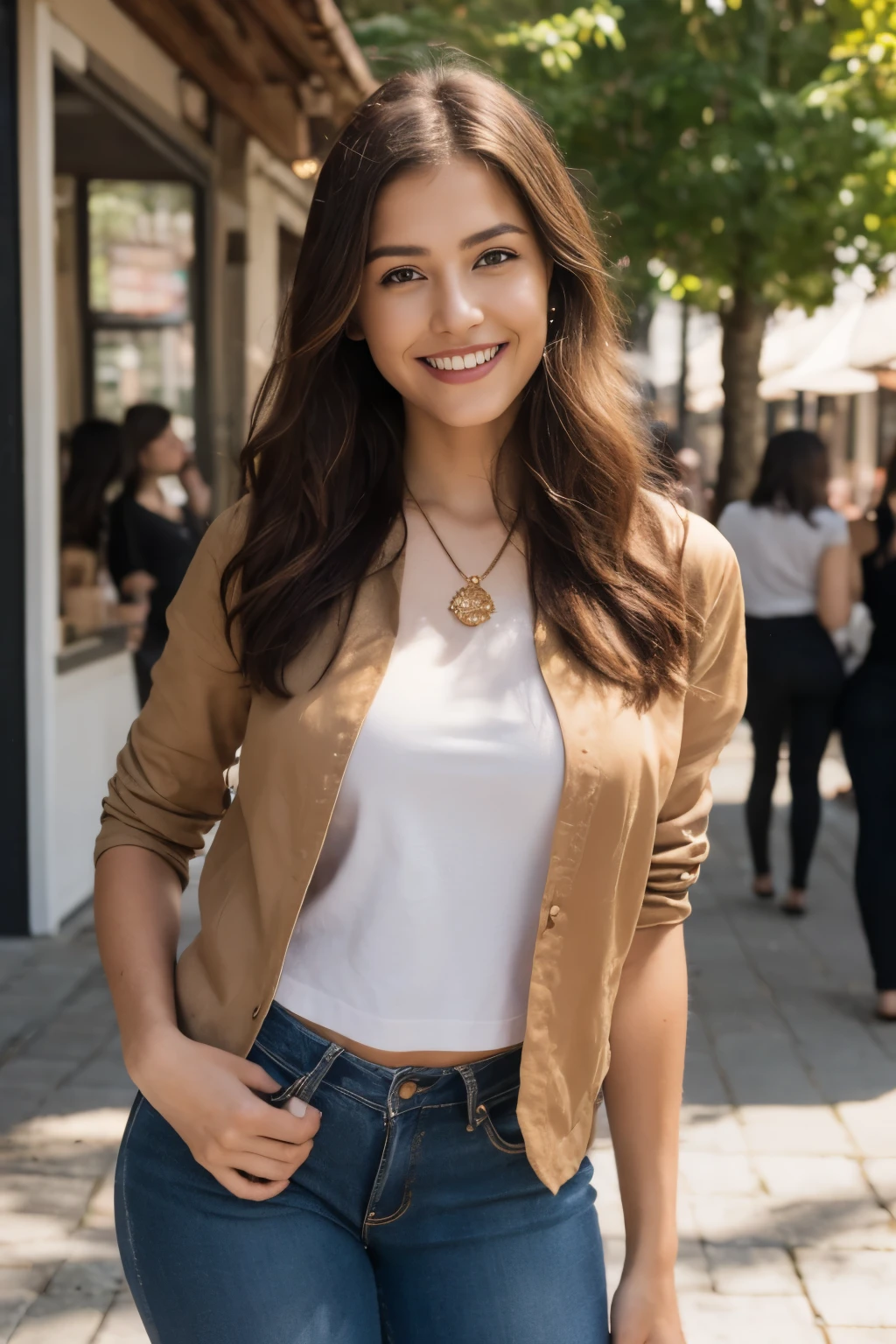 (in 8K, Raw-Photo, best quality, masterpiece:1.2), 1 girls , 20yo, 3/4 body, a beauty, asian, japanese mix, Balkans ancestry, slim normal body, caramel layered hair color, short hair, (wavy hair), bob cuts hair,(Show your teeth and smile), looking at viewer, blazers, tucked in shirts, ripped skinny jeans, office outfit, professional look, (beads necklace:1.2), ((The highest quality, 16 k, masterpiece: 1.3)), Biologically Correct Human, reference, detailed faces, detailed lips, detailed eyes, glittering eyes, realistic pupils, brown pupils, outdoor, siting, elegance, at the coffee shop, light on the face, golden hours, ambience light, backlight, summer, people in the background watching, cinematic look, deep depths of field, blurry background